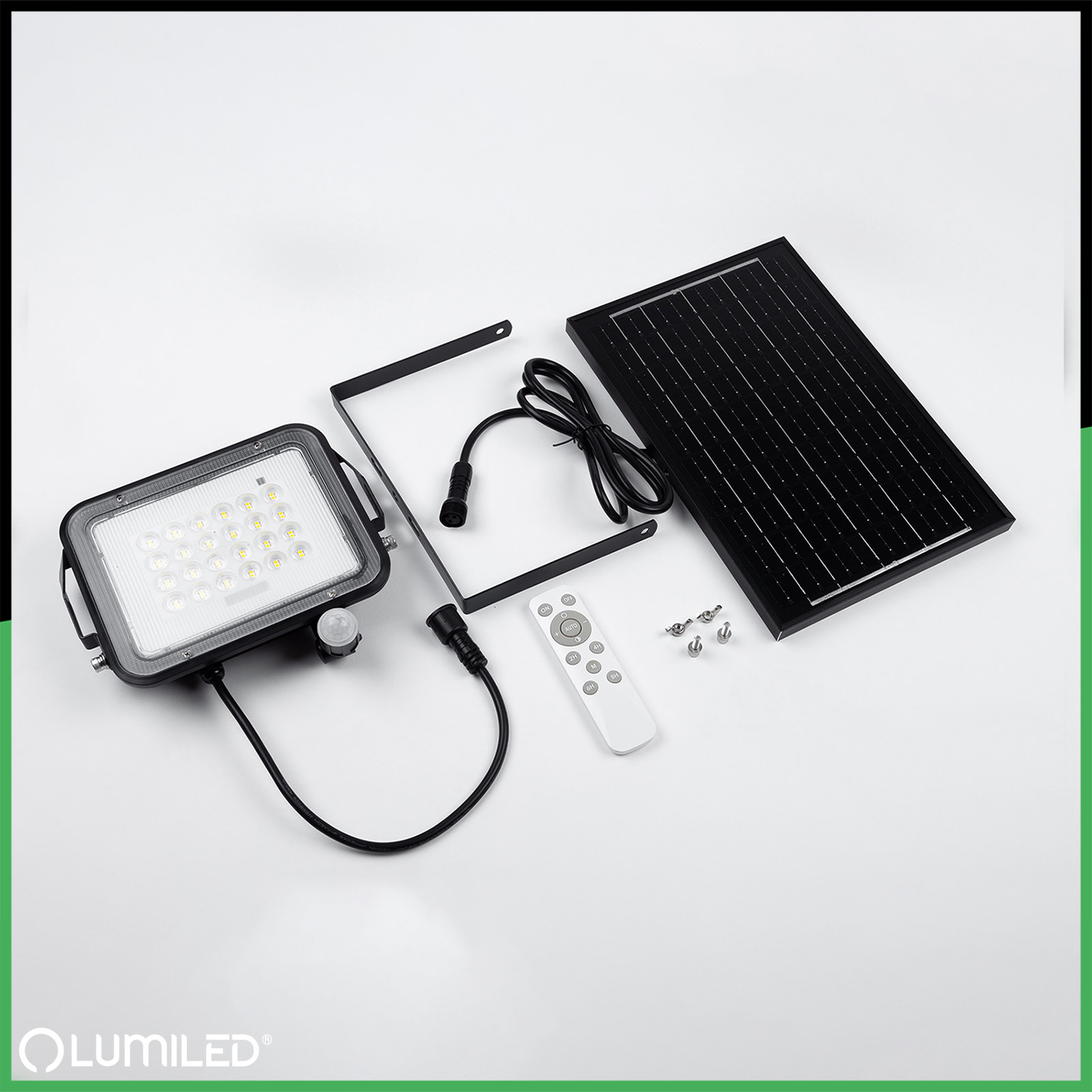 Naświetlacz Solarny LED Halogen 100W Lampa Ogrodowa 4000K IP65 Czujnik Ruchu PIR + Pilot FULGOR LUMILED - skład produktu