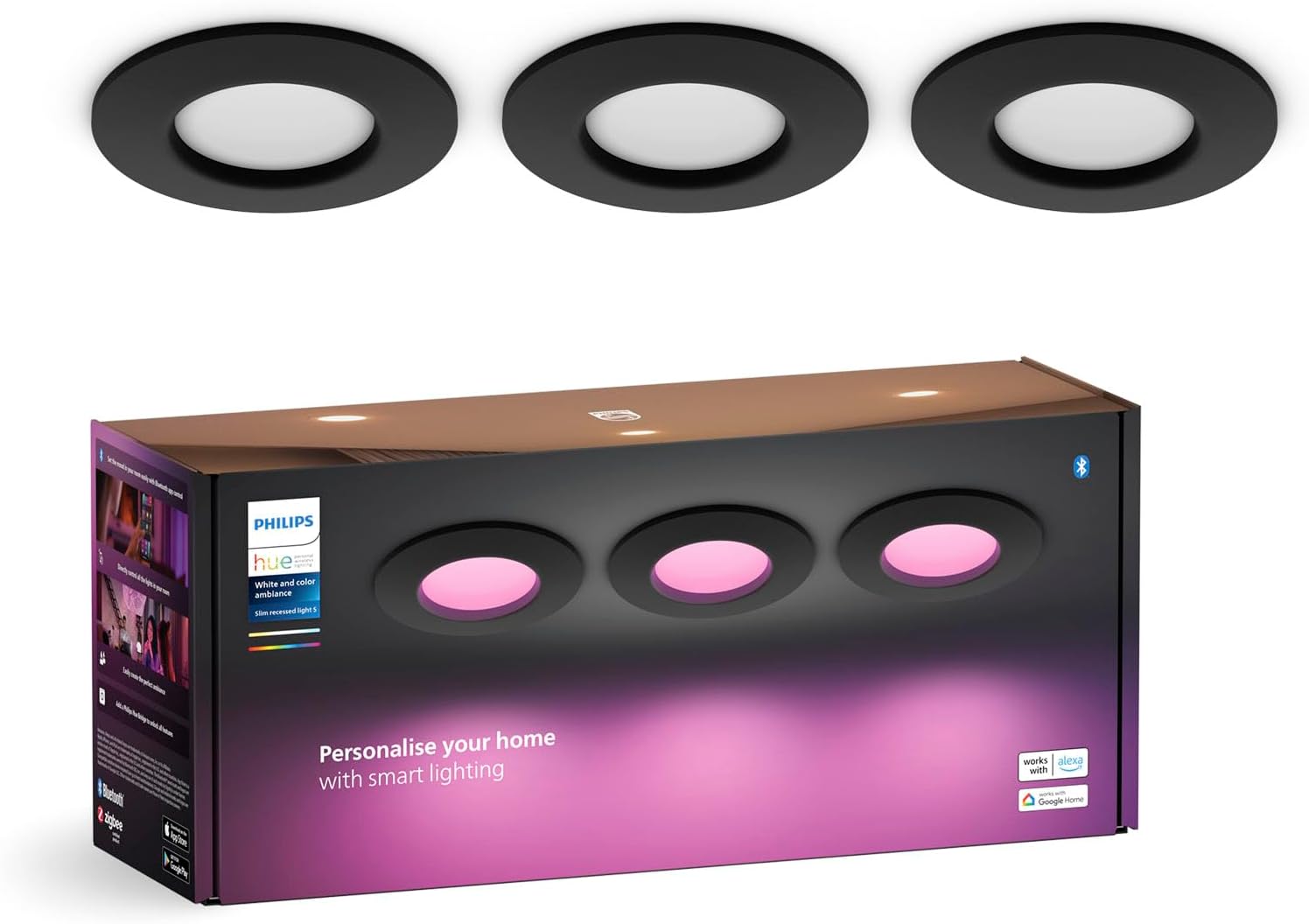 3x Panel LED Oprawa Podtynkowa Wpuszczana 8.3W 1000lm IP44 White and Color Ambiance RGB + TW Czarna Inteligentna SMART Zigbee Bluetooth Slim Downlights Philips HUE - główne zdjęcie produktu