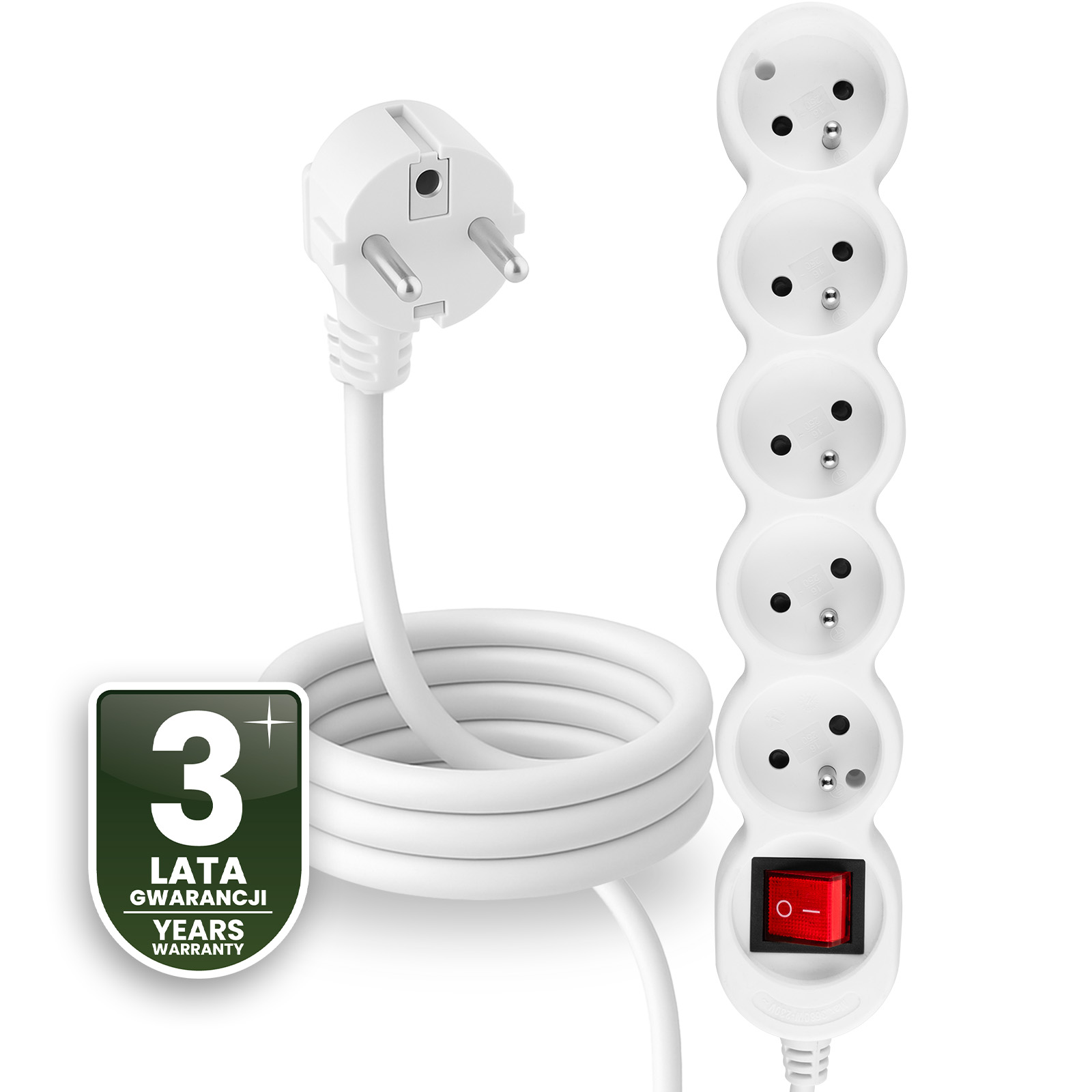 Przedłużacz Sieciowy Kabel z Uziemieniem Listwa Zasilająca 5 Gniazda 1.5m Włącznik ON/OFF Biały Sznur Lendo Lumiled - czwarta cecha produktu