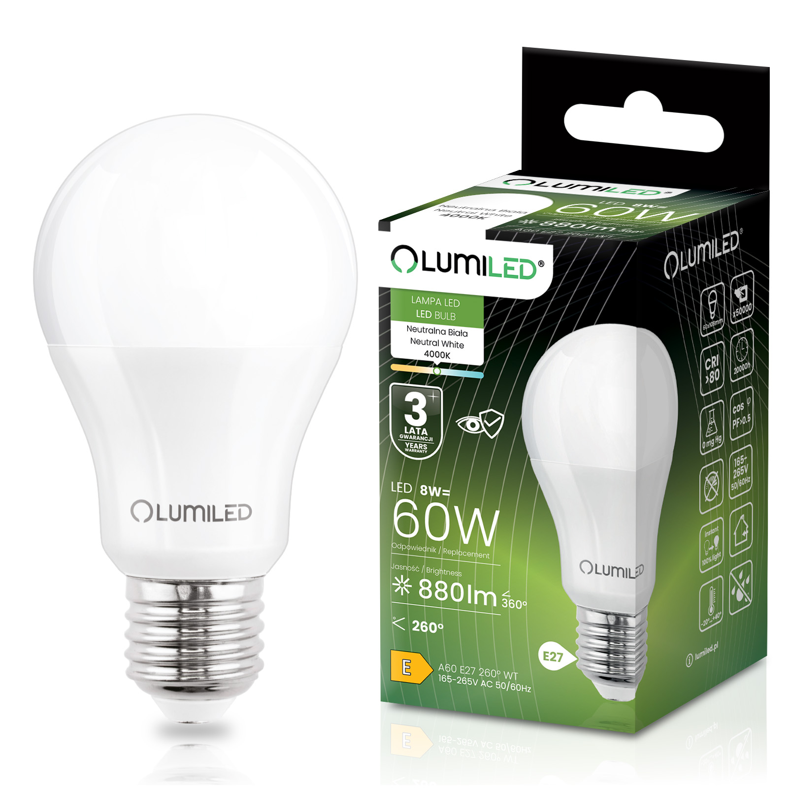 Żarówka LED E27 A60 8W = 60W 880lm 4000K Neutralna 260° LUMILED - główne zdjęcie produktu