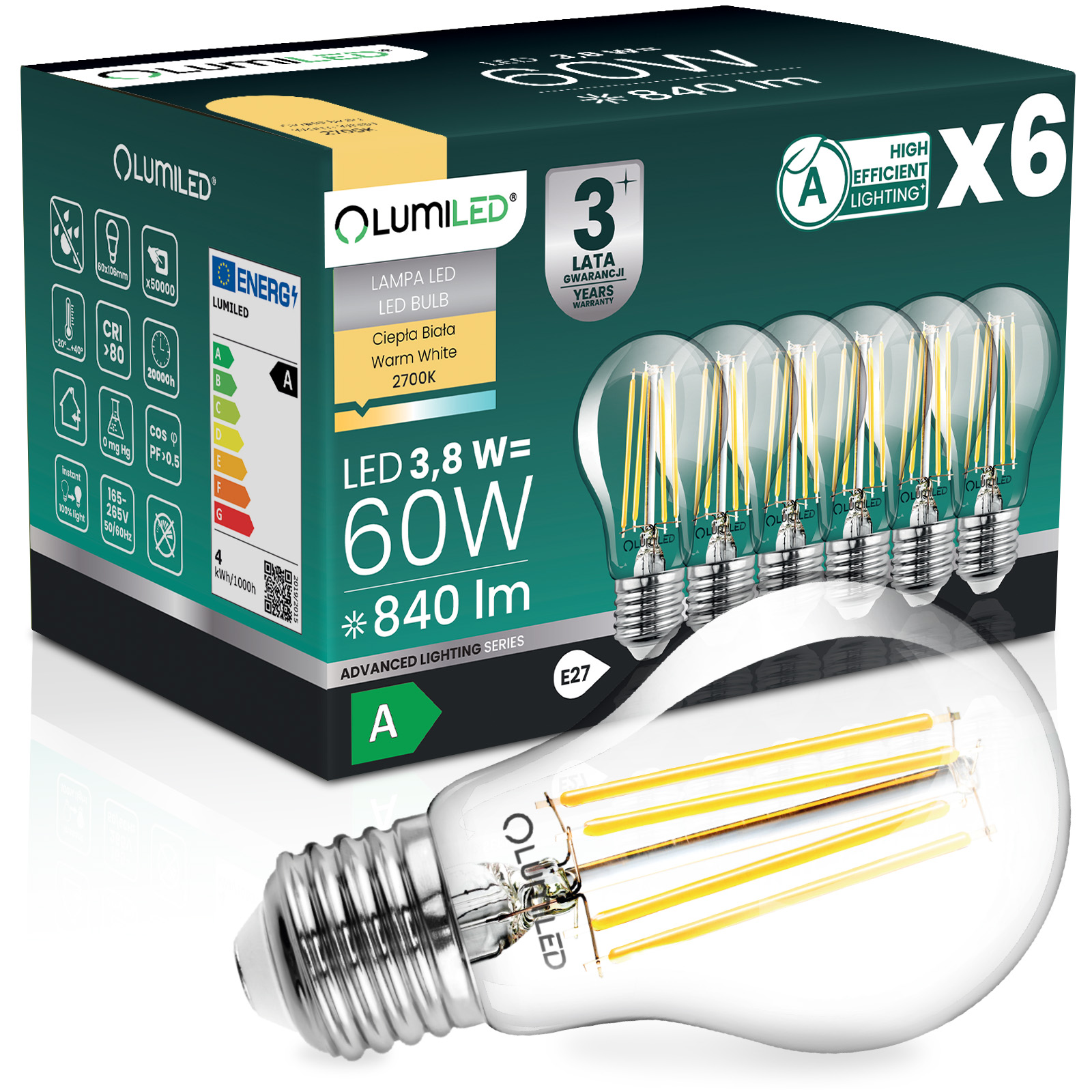 6x Żarówka LED E27 A60 3,8W 840lm = 60W 2700K Ciepła 360° Filament KLASA A LUMILED - główne zdjęcie produktu