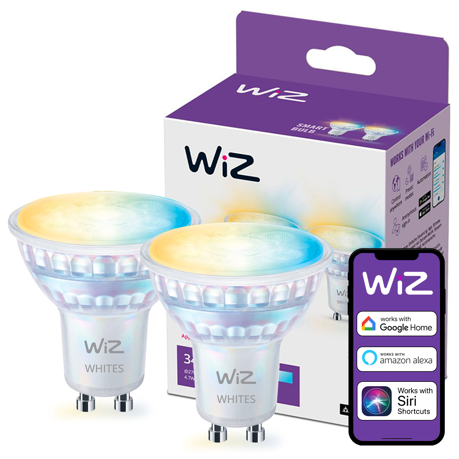 2x Żarówka LED GU10 Reflektor PAR16 4.7W = 50W 345lm 2700-6500K TW Inteligentna SMART WiFi Bluetooth Aplikacja WiZ - główne zdjęcie produktu