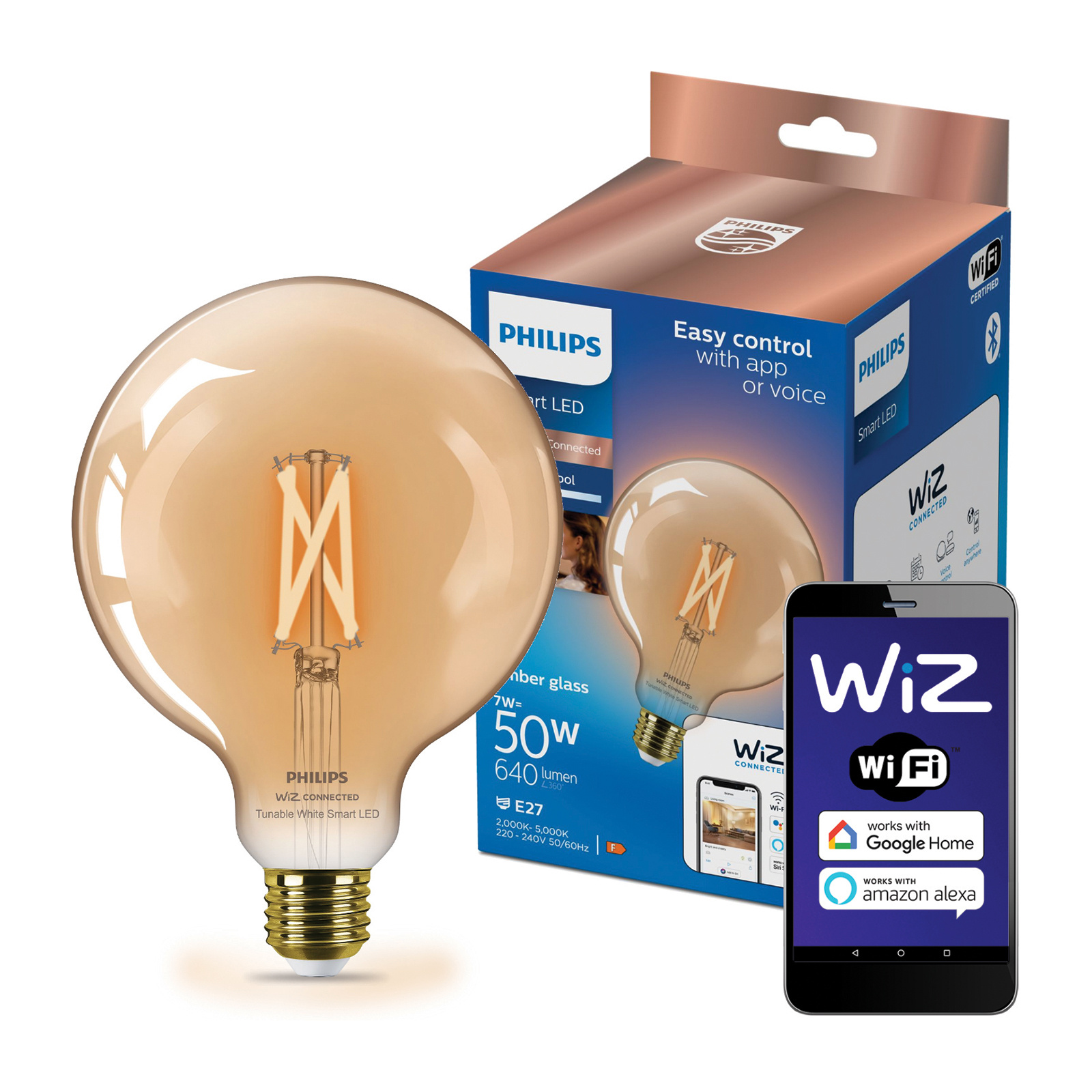 Żarówka LED E27 Kula G125 7W = 50W 640lm 2000-5000K TW FILAMENT Bursztynowa Inteligentna SMART WiFi Bluetooth Aplikacja WiZ Philips - główne zdjęcie produktu