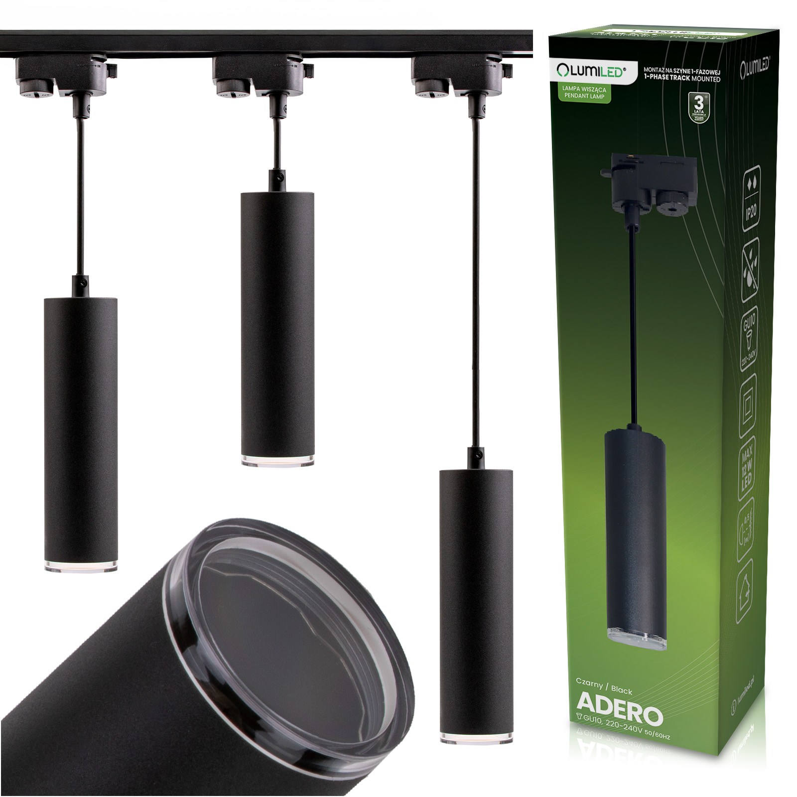 Lampa Sufitowa Szynoprzewód Szyna Zwis Reflektor Szynowy GU10 LED ADERO Czarny LUMILED - główne zdjęcie produktu