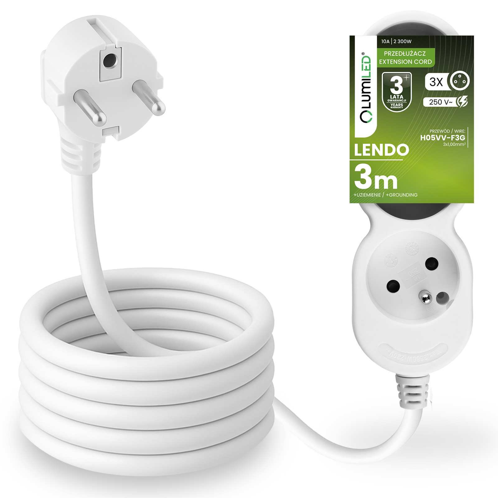 Przedłużacz Sieciowy Kabel z Uziemieniem Listwa Zasilająca 3 Gniazda 3m Biały Sznur Lendo Lumiled - główne zdjęcie produktu