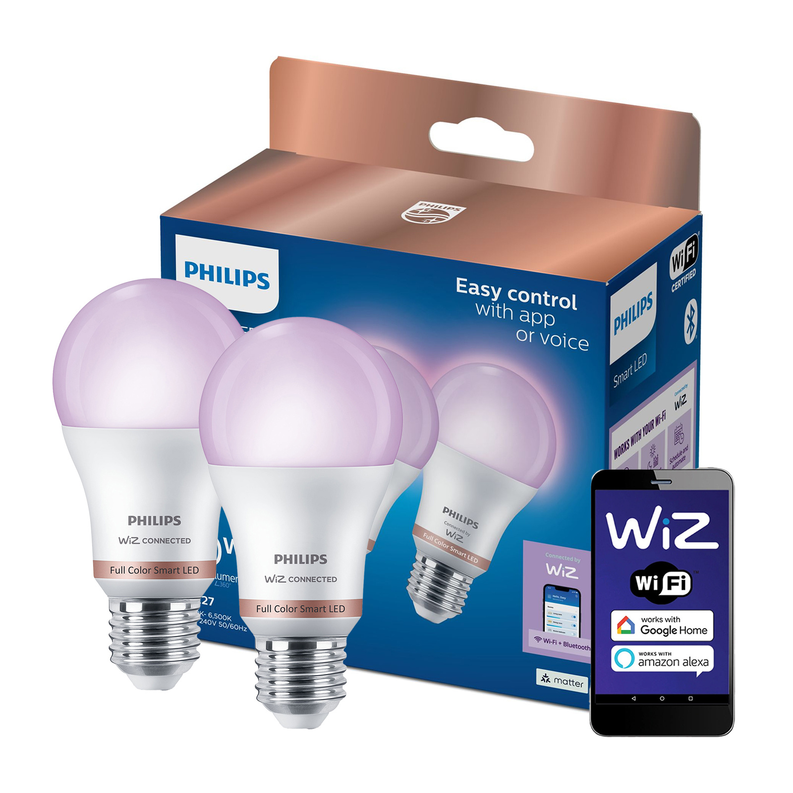 2x Żarówka LED E27 A60 8.5W = 60W 806lm 2200-6500K RGB + TW Inteligentna SMART WiFi Bluetooth Aplikacja WiZ Philips - główne zdjęcie produktu