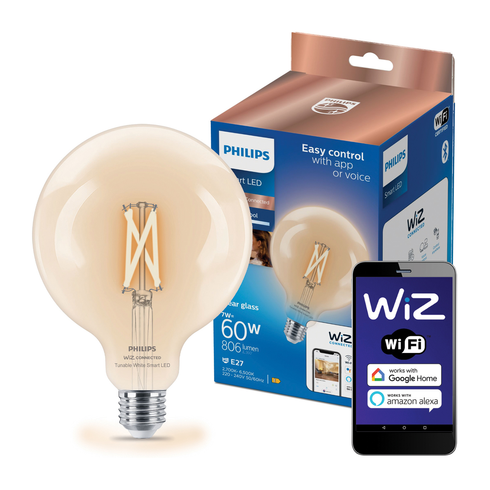Żarówka LED E27 Kula G125 7W = 60W 806lm 2700-6500K TW FILAMENT Inteligentna SMART WiFi Bluetooth Aplikacja WiZ Philips - główne zdjęcie produktu