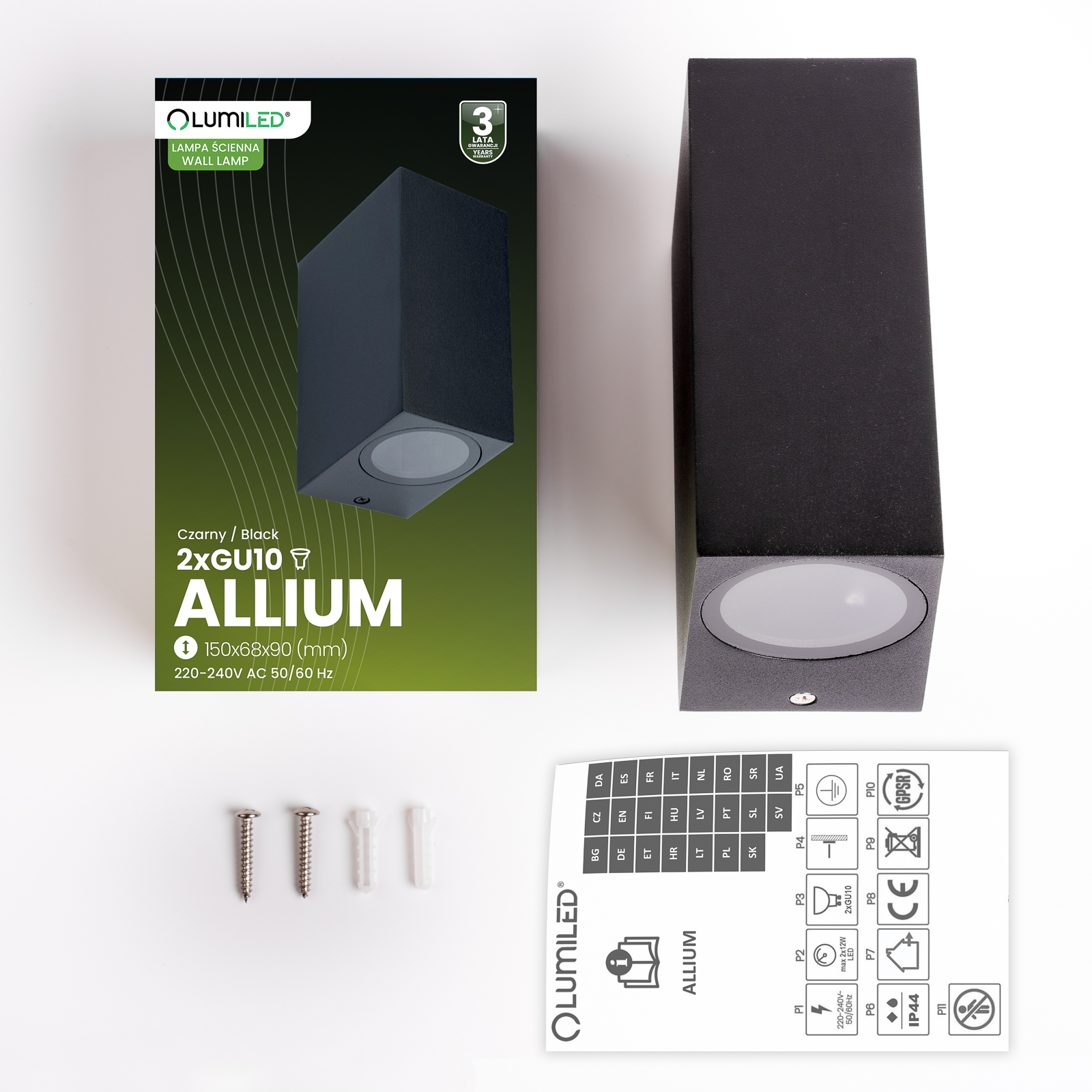 Kinkiet Ogrodowy Elewacyjny Lampa Zewnętrzna 2xGU10 ALLIUM Czarna Kwadrat LUMILED - skład produktu