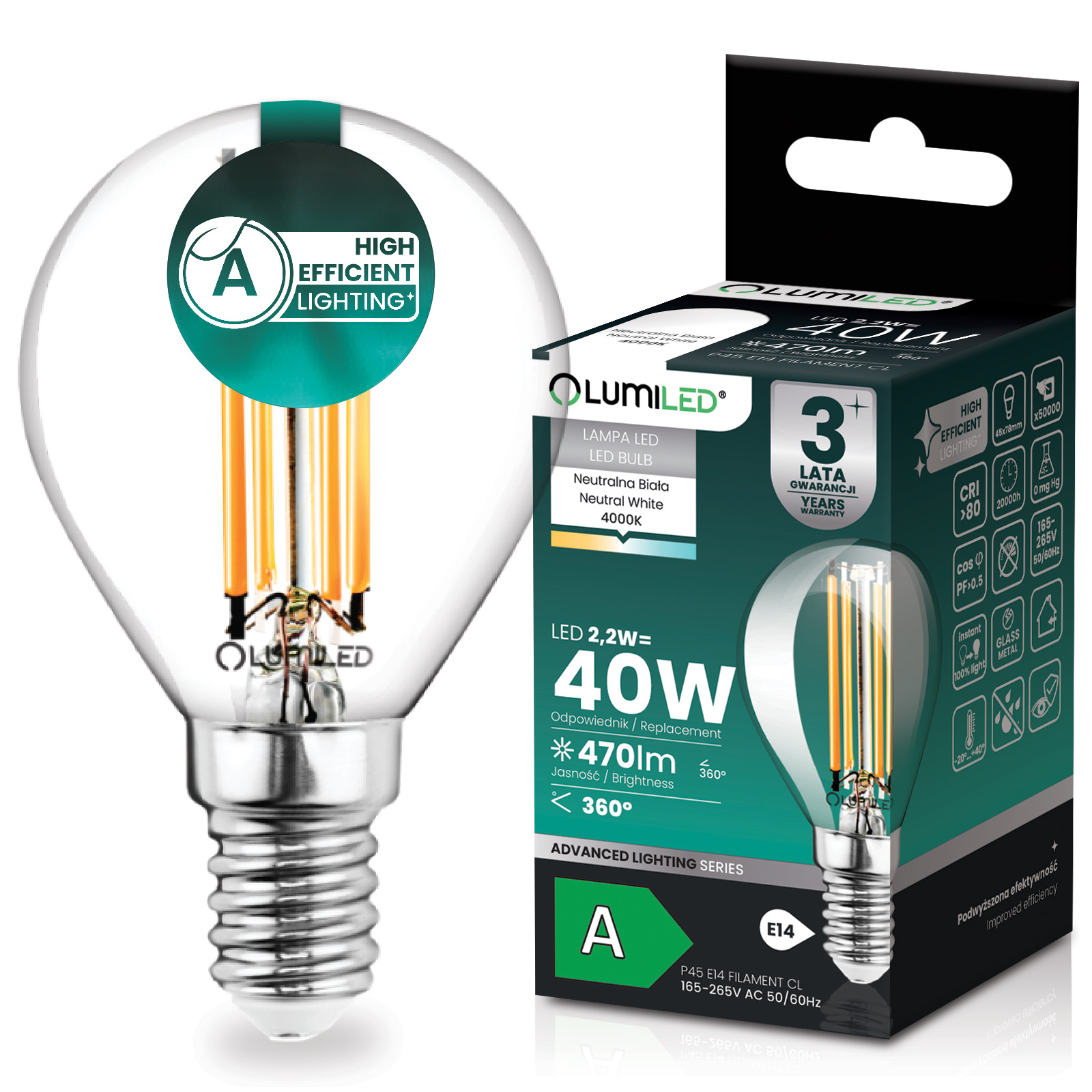Żarówka LED E14 Kulka P45 2,2W 470lm = 40W 4000K Neutralna 360° Filament KLASA A LUMILED - główne zdjęcie produktu