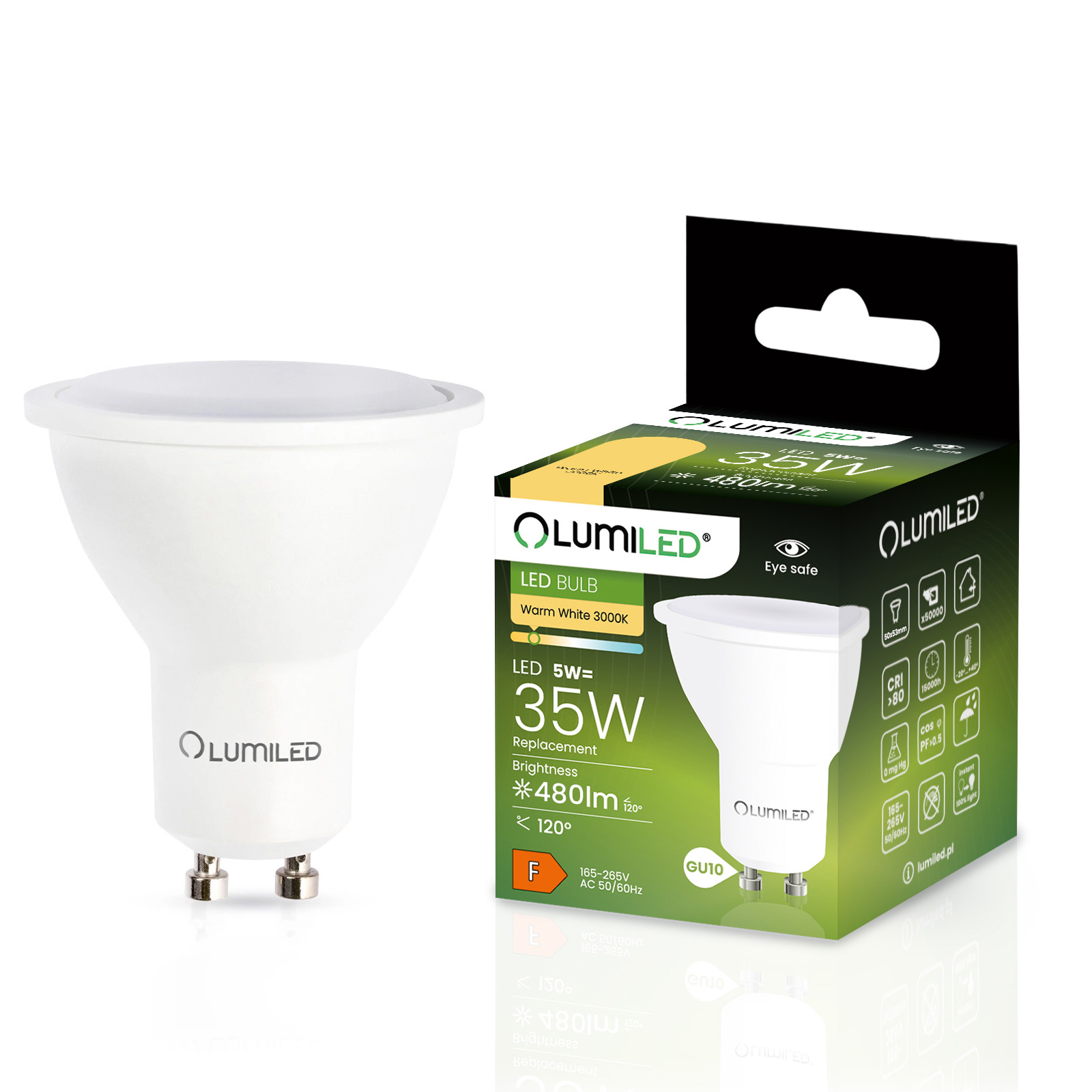 Żarówka LED GU10 Reflektor PAR16 5W = 35W 480lm 3000K Ciepła 120° LUMILED - główne zdjęcie produktu