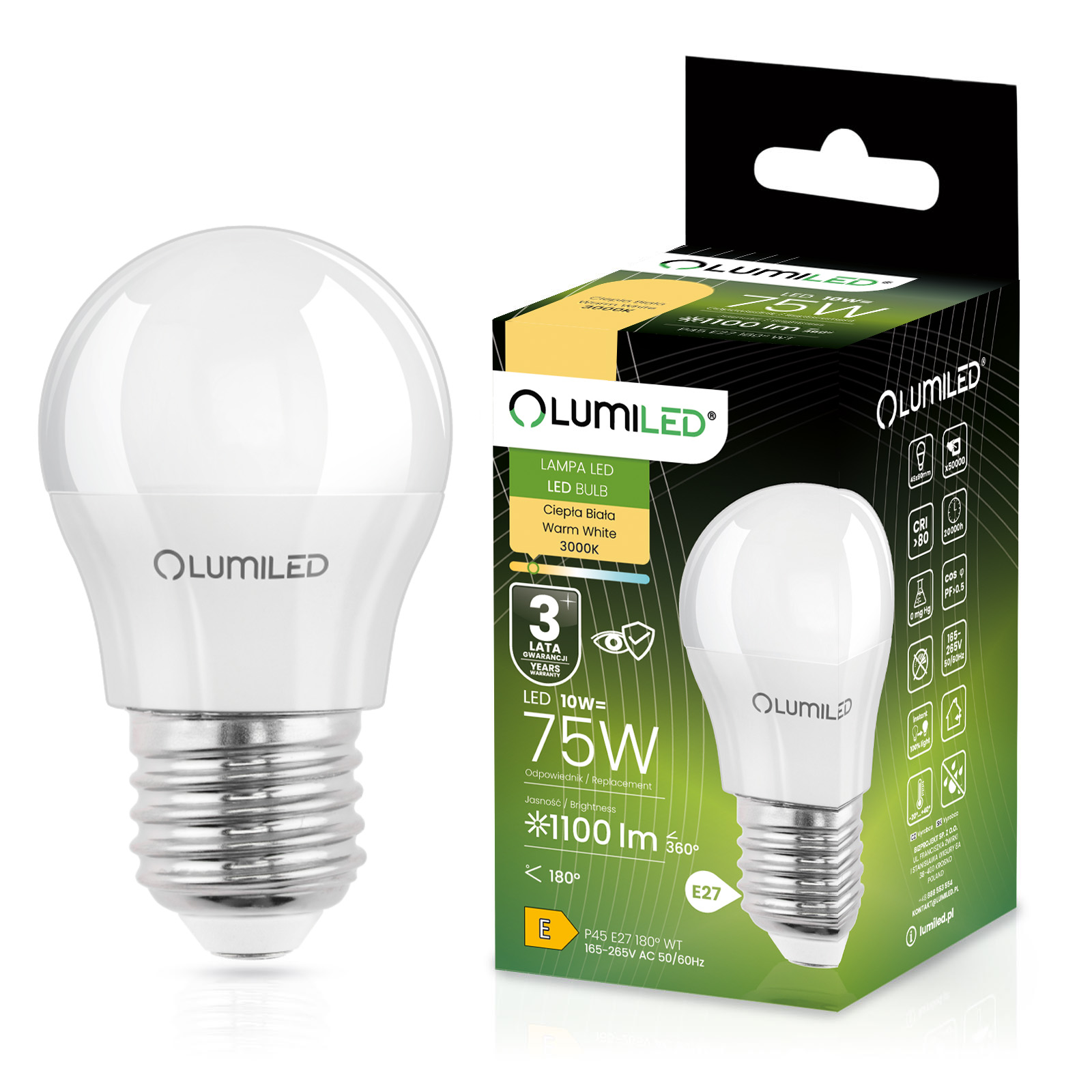 Żarówka LED E27 Kulka P45 10W = 75W 1100lm 3000K Ciepła 180° LUMILED - główne zdjęcie produktu