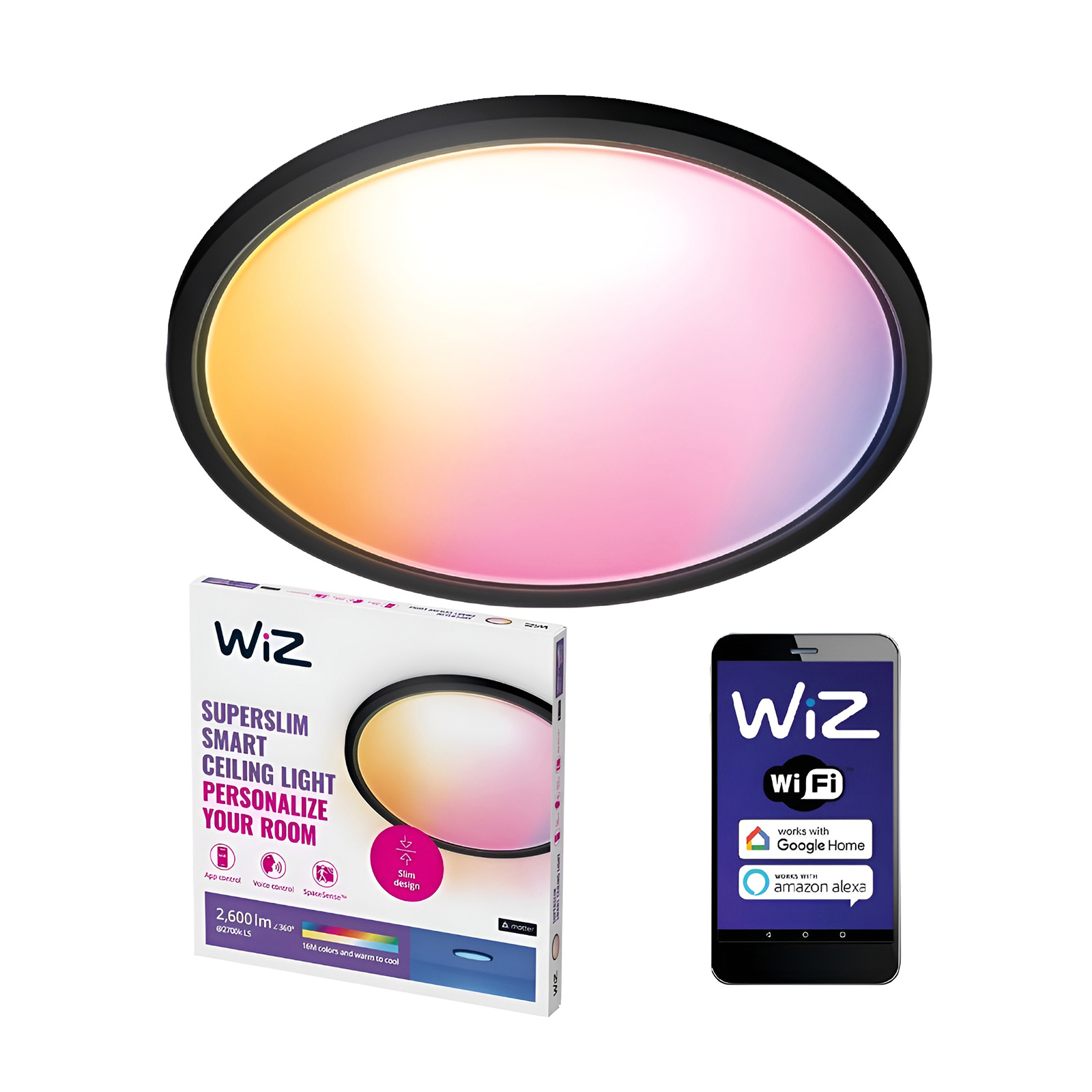 Plafon LED Lampa Sufitowa Natynkowa 22W 2600lm 2700-6500K RGB + TW 42.3cm Czarna Okrągła Inteligentna SMART WiFi Bluetooth Aplikacja Superslim WiZ - główne zdjęcie produktu