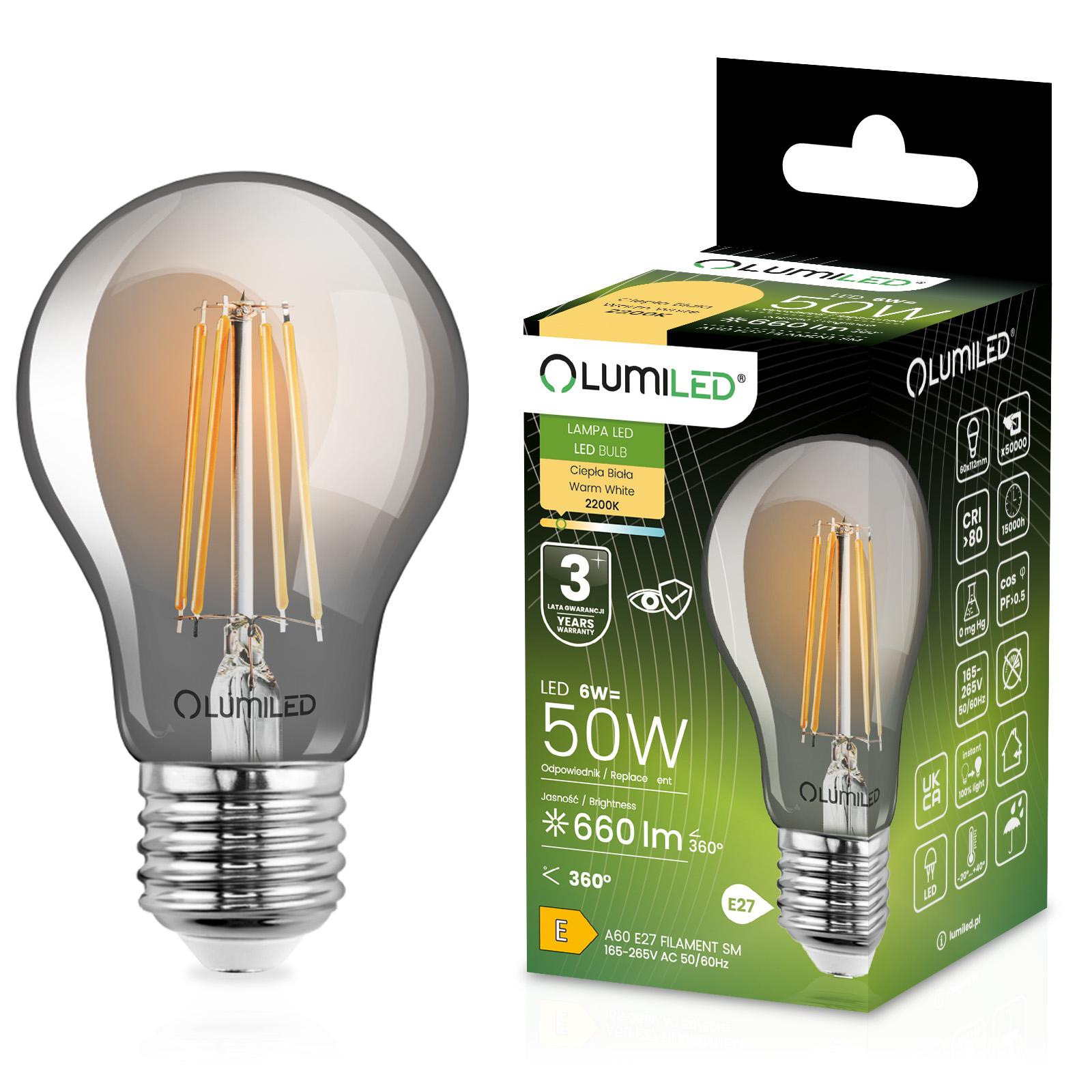 Żarówka LED E27 A60 6W = 50W 660lm 2200K Ciepła 360° DYMIONA FILAMENT LUMILED - główne zdjęcie produktu