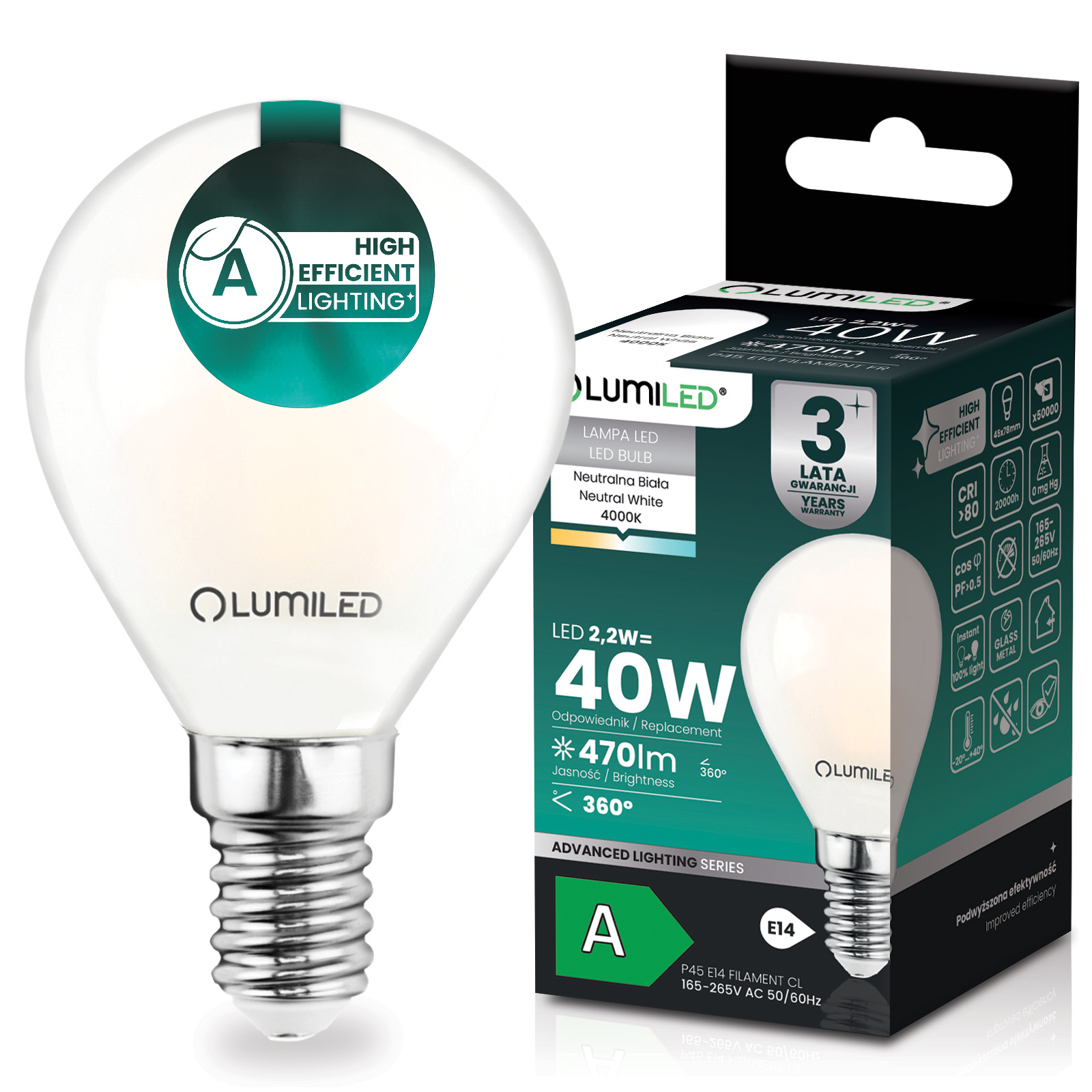 Żarówka LED E14 Kulka P45 2,2W 470lm = 40W 4000K Neutralna 360° Filament KLASA A LUMILED - główne zdjęcie produktu