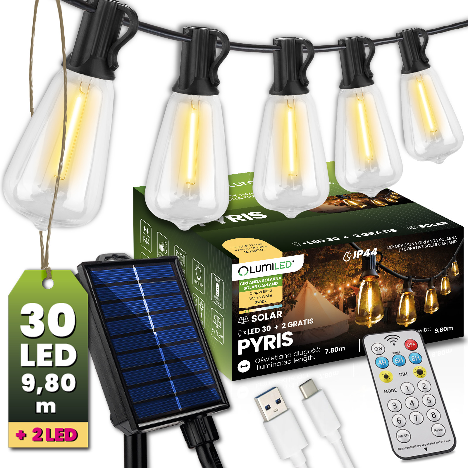 Girlanda Solarna Ogrodowa 30x LED Ozdobne Żarówki 9,8m 2700K Ciepła + Pilot PYRIS LUMILED - główne zdjęcie produktu