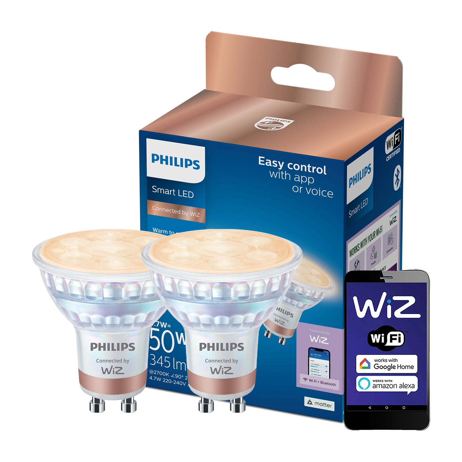2x Żarówka LED GU10 Reflektor PAR16 4.7W = 50W 345lm 2700-6500K TW Inteligentna SMART WiFi Bluetooth Aplikacja WiZ Philips - główne zdjęcie produktu