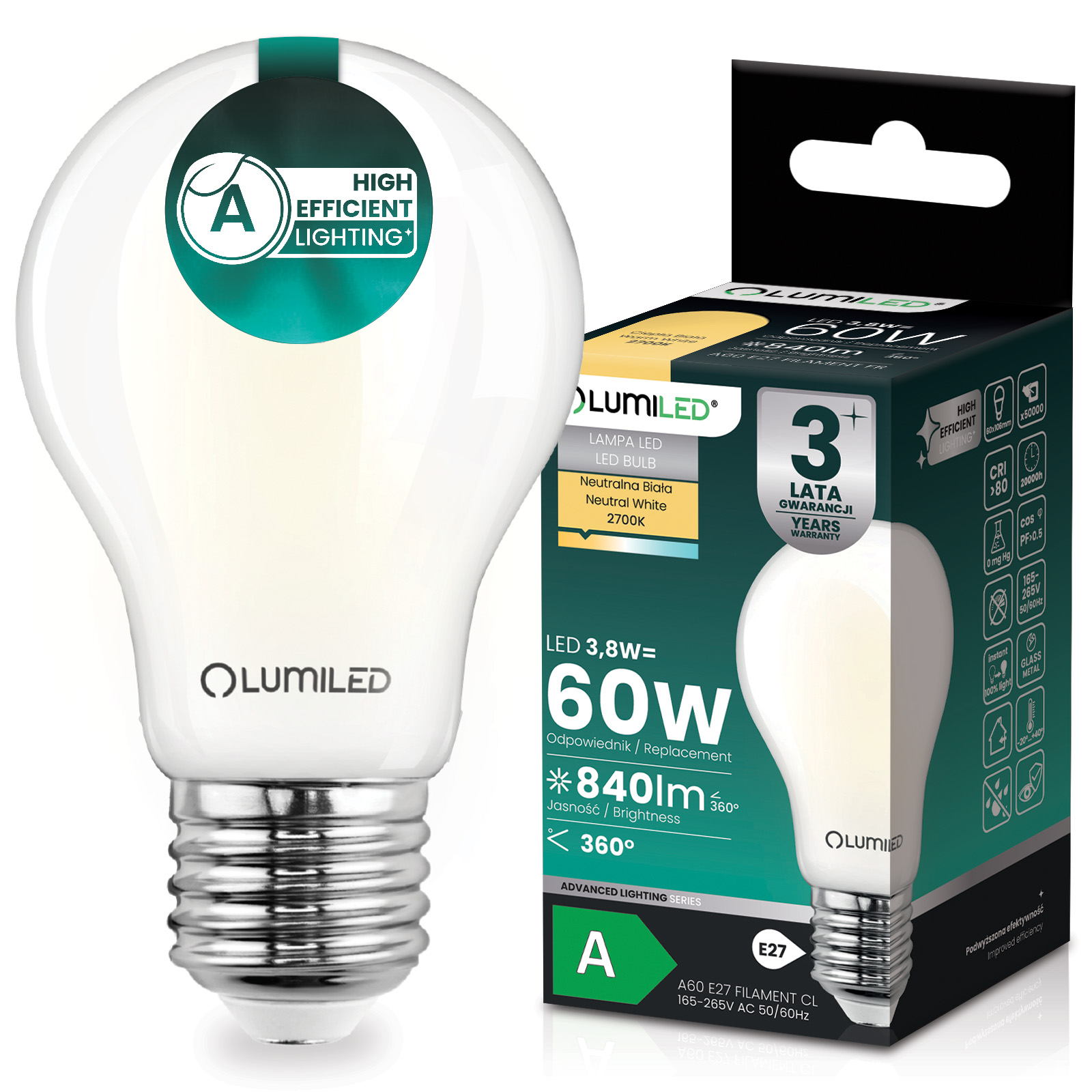 Żarówka LED E27 A60 3,8W 840lm = 60W 2700K Ciepła 360° Filament KLASA A LUMILED - główne zdjęcie produktu