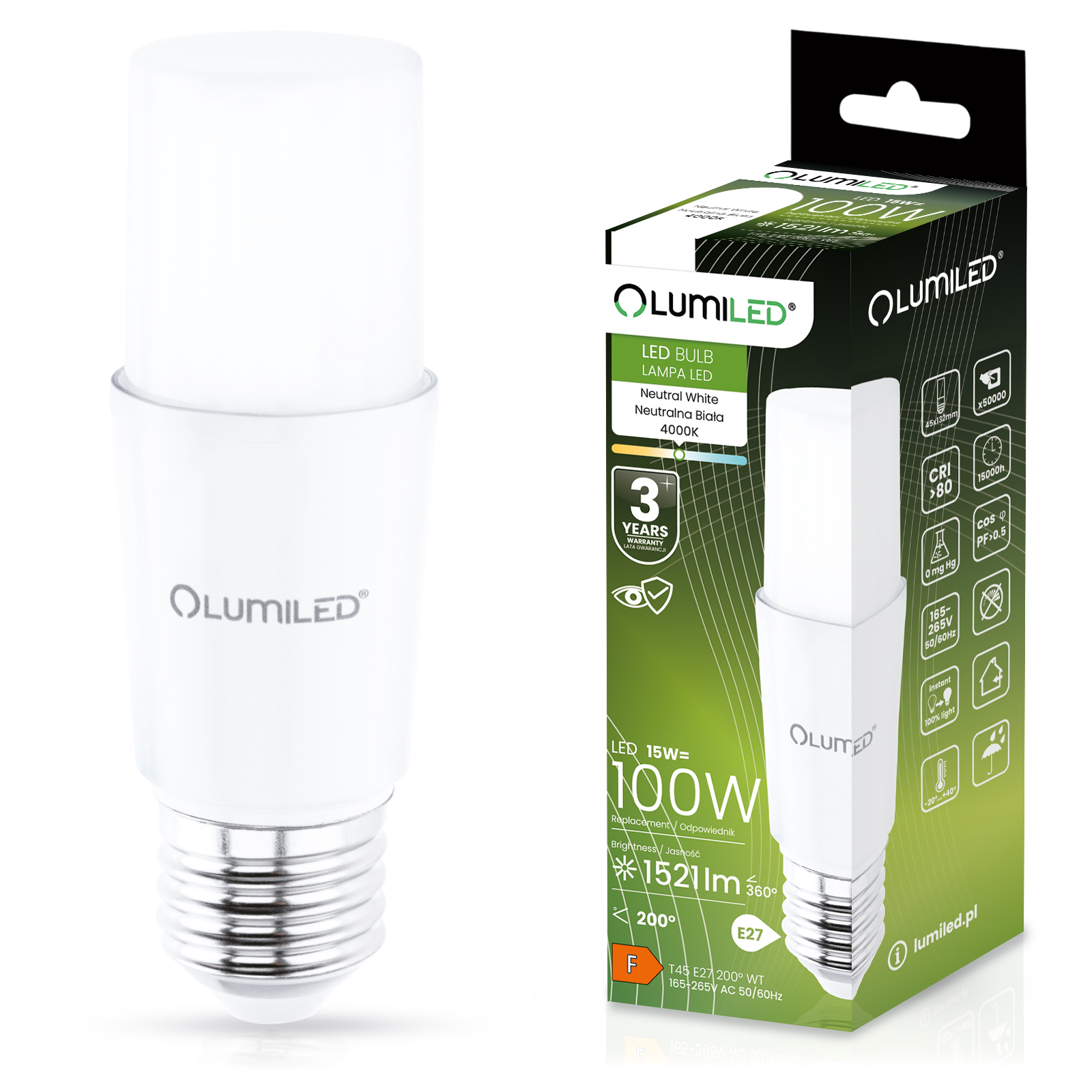 Żarówka LED E27 Tubularna T45 15W = 100W 1521lm 4000K Neutralna 200° LUMILED - główne zdjęcie produktu