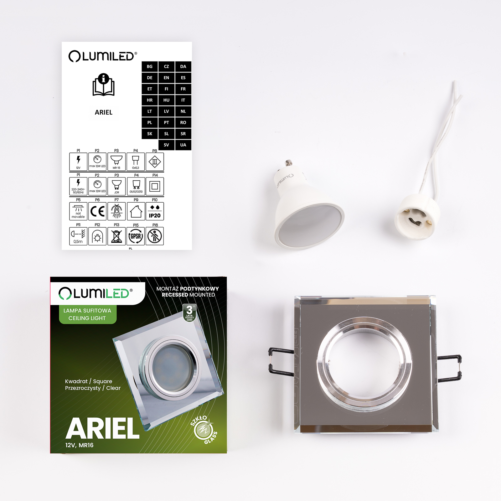 Zestaw Oprawa Podtynkowa Stała GU10 MR15 Kwadrat Szklana Ariel LUMILED + Żarówka LED GU10 6W 3000K 120° - skład produktu