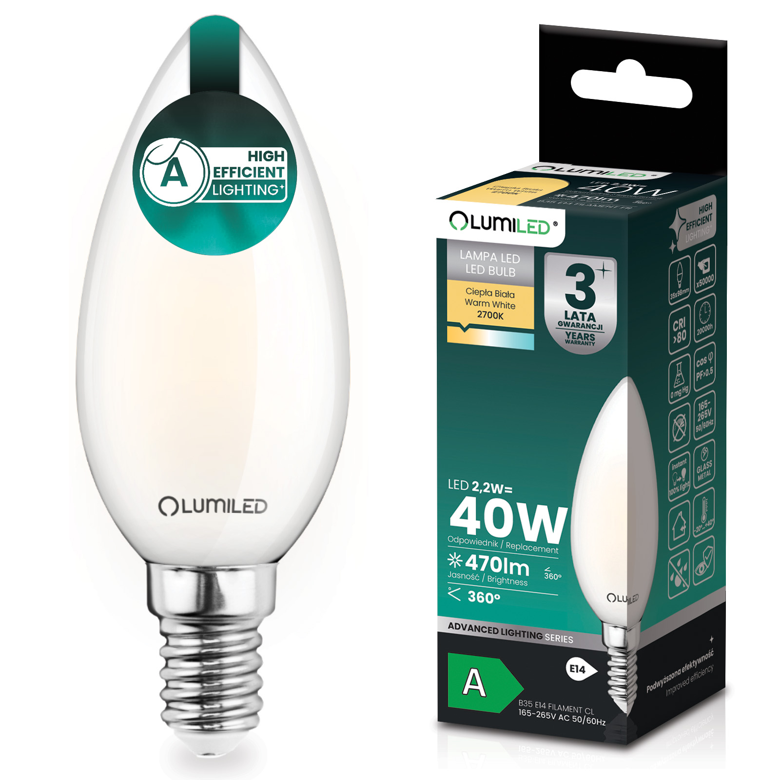 Żarówka LED E14 Świeczka B35 2,2W 470lm = 40W 2700K Ciepła 360° Filament KLASA A LUMILED - główne zdjęcie produktu