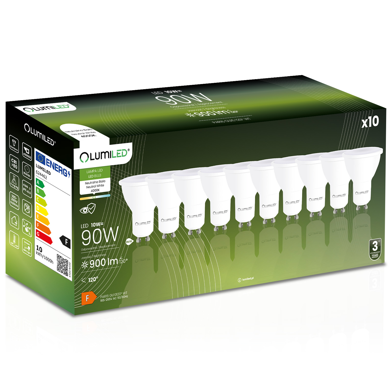 10x Żarówka LED GU10 Reflektor PAR16 10W = 90W 900lm 4000K Neutralna 120° LUMILED - główne zdjęcie produktu