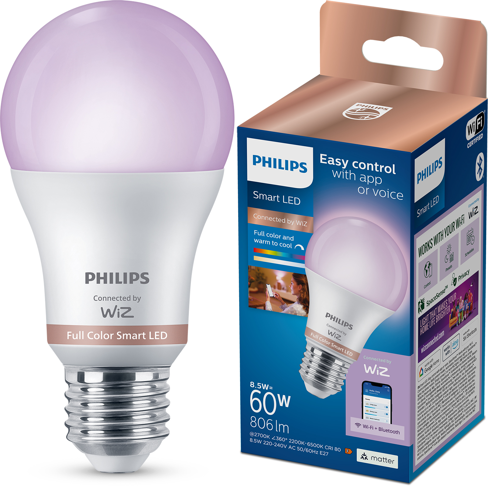 Żarówka LED E27 A60 8.5W = 60W 806lm 2200-6500K RGB + TW Inteligentna SMART WiFi Bluetooth Aplikacja WiZ Philips - główne zdjęcie produktu