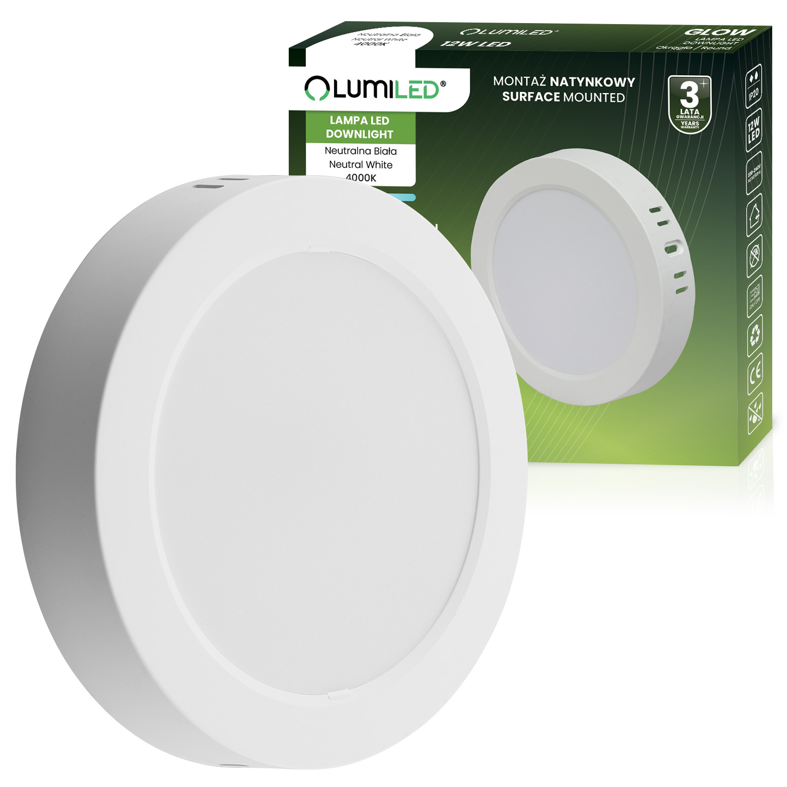 Oprawa Natynkowa Lampa LED Sufitowa 12W Okrągła 4000K GLOW Biała LUMILED - główne zdjęcie produktu