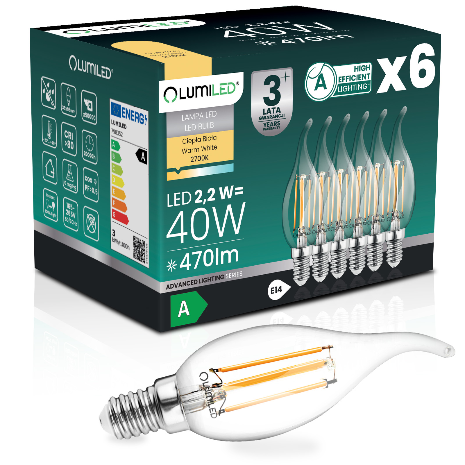 6x Żarówka LED E14 Świeczka BA35 2,2W 470lm = 40W 2700K Ciepła 360° Filament KLASA A LUMILED - główne zdjęcie produktu