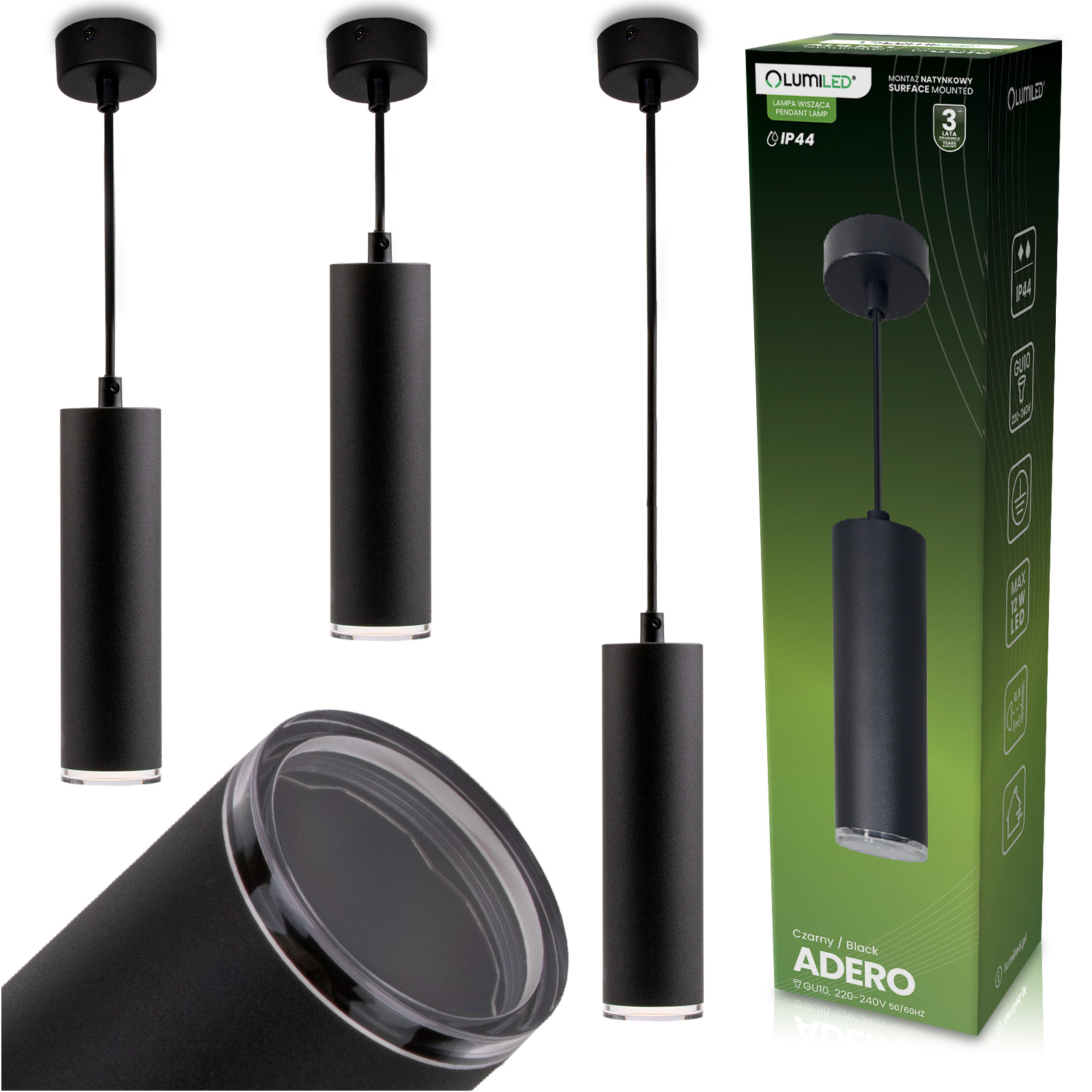 Lampa Wisząca Sufitowa LED GU10 Żyrandol Reflektor Tuba Zwis IP44 ADERO Czarny LUMILED - główne zdjęcie produktu