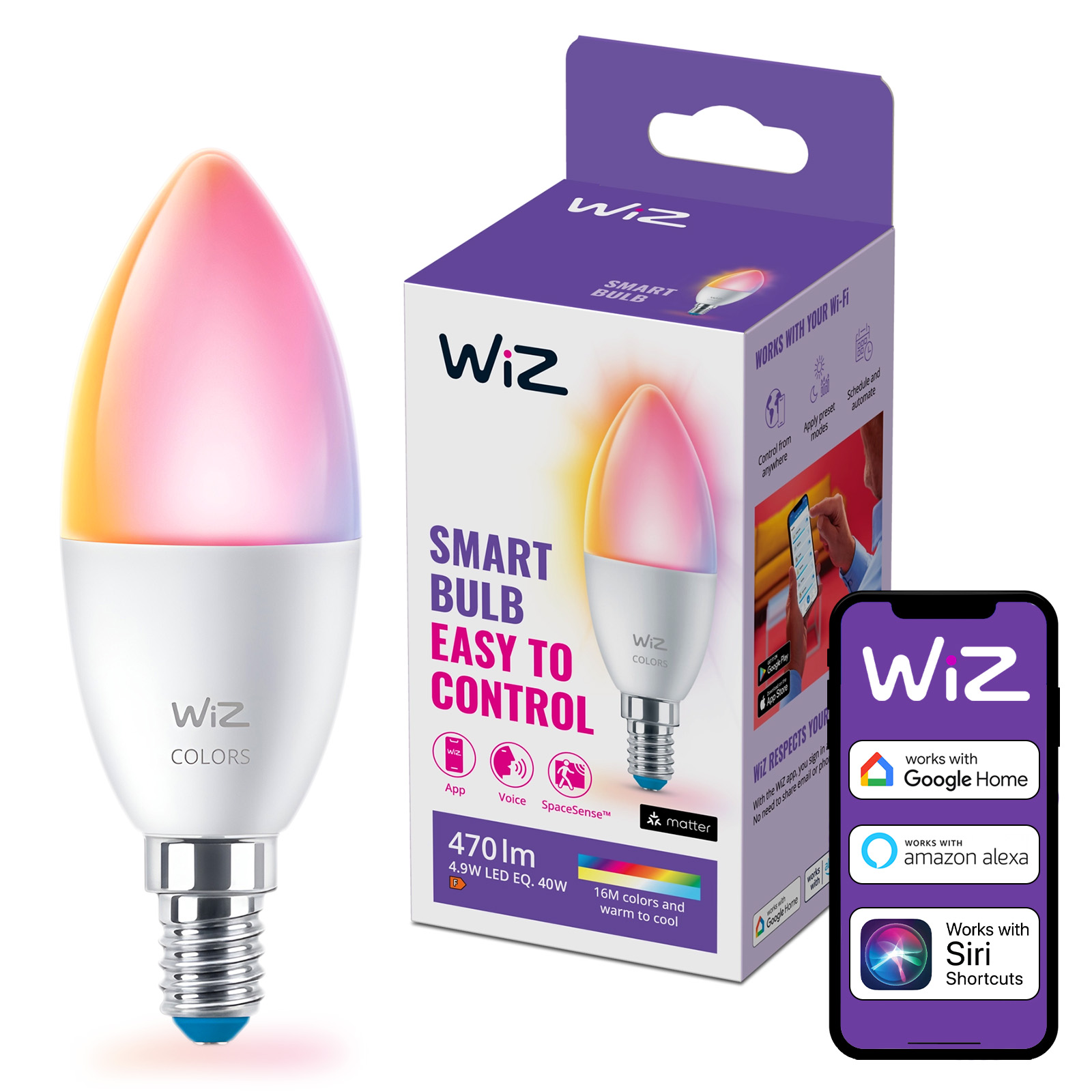 Żarówka LED E14 Świeczka C37 4.9W = 40W 470lm 2200-6500K RGB + TW Inteligentna SMART WiFi Bluetooth Aplikacja WiZ - główne zdjęcie produktu