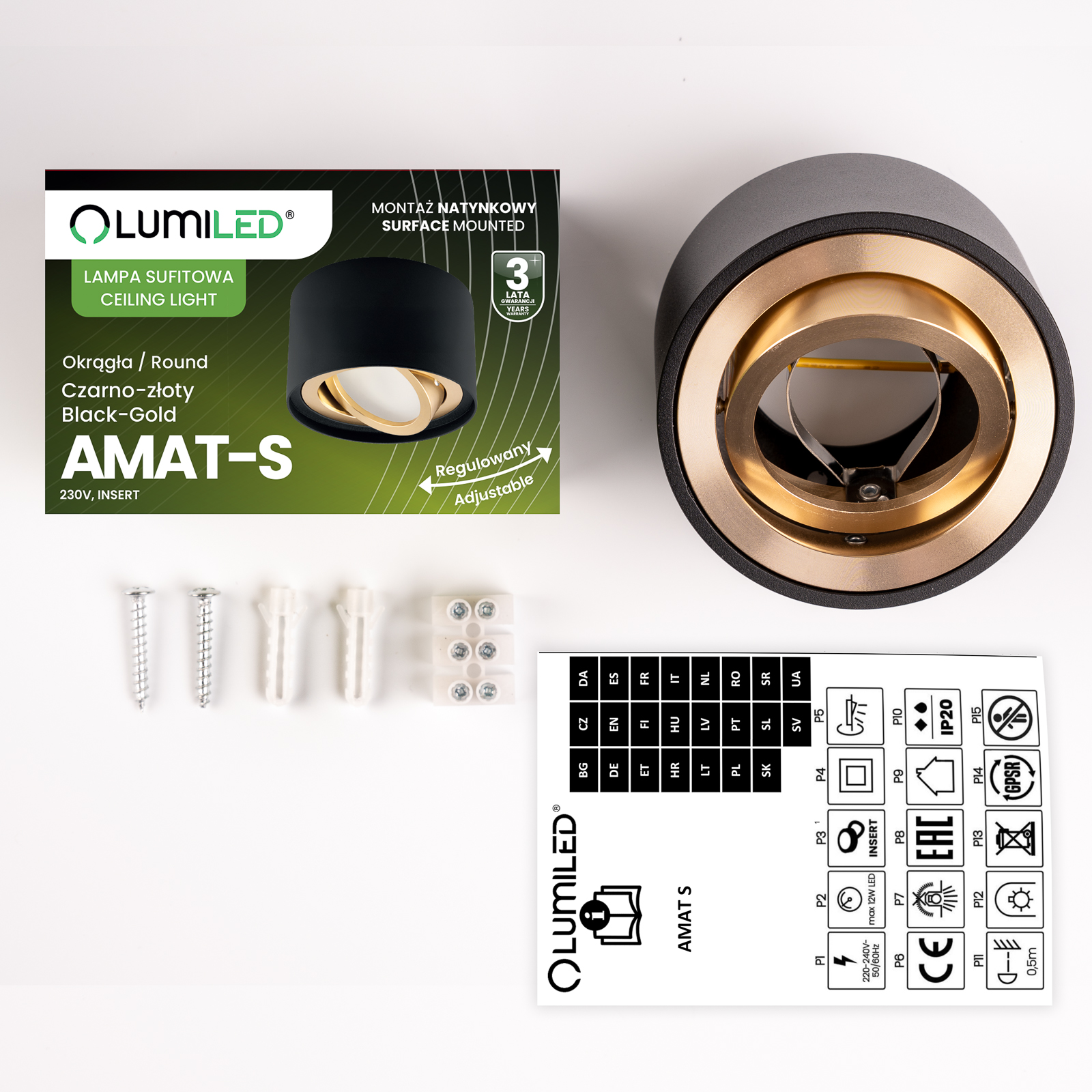 Oprawa Natynkowa HALOGENOWA Spot Tuba Ruchoma Okrągła Czarno-Złota 50mm AMAT-S LUMILED - skład produktu