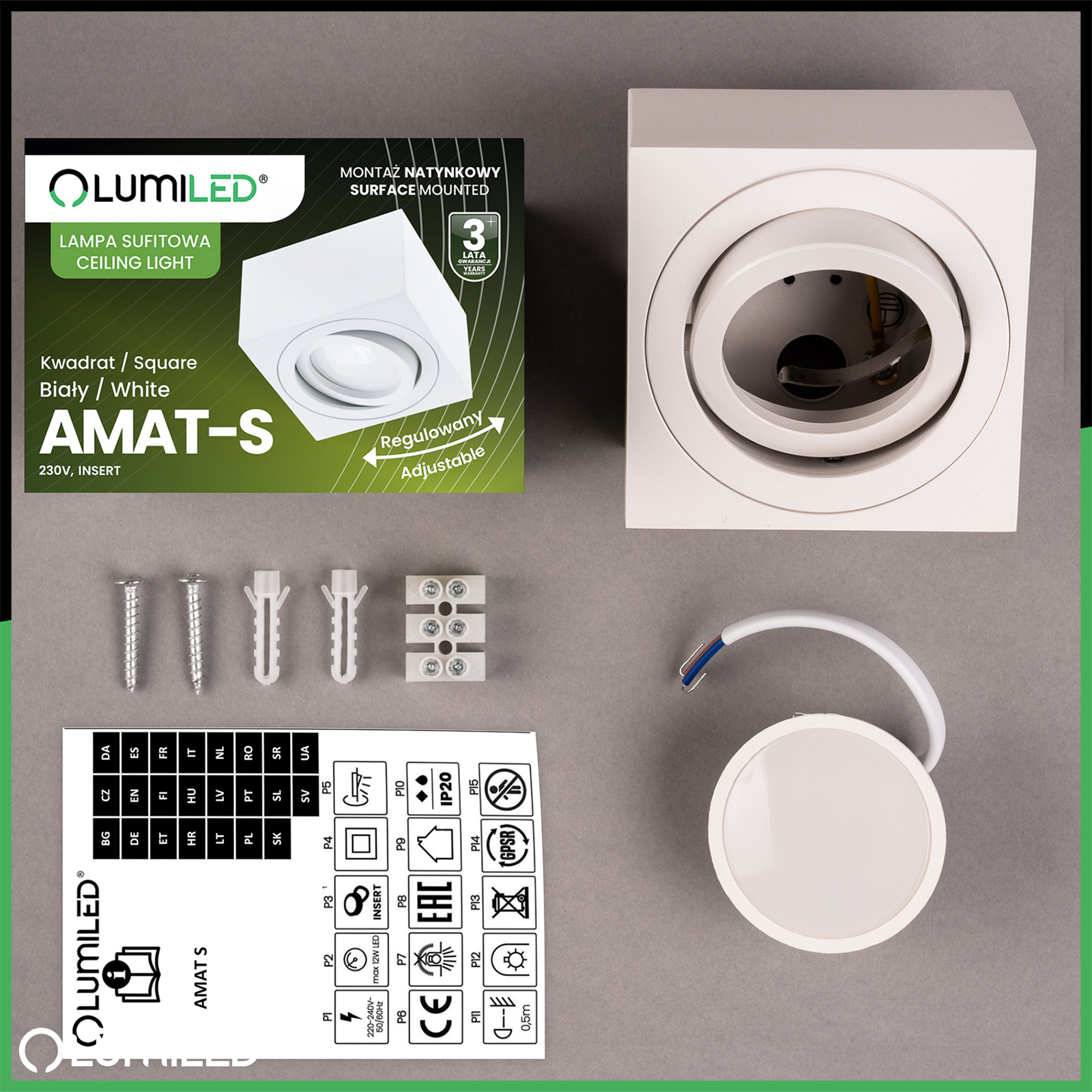 Oprawa Natynkowa HALOGENOWA Tuba Spot Ruchoma Kwadratowa Biała 50mm + Wkład LED 7W 3000K  AMAT-S LUMILED - skład produktu