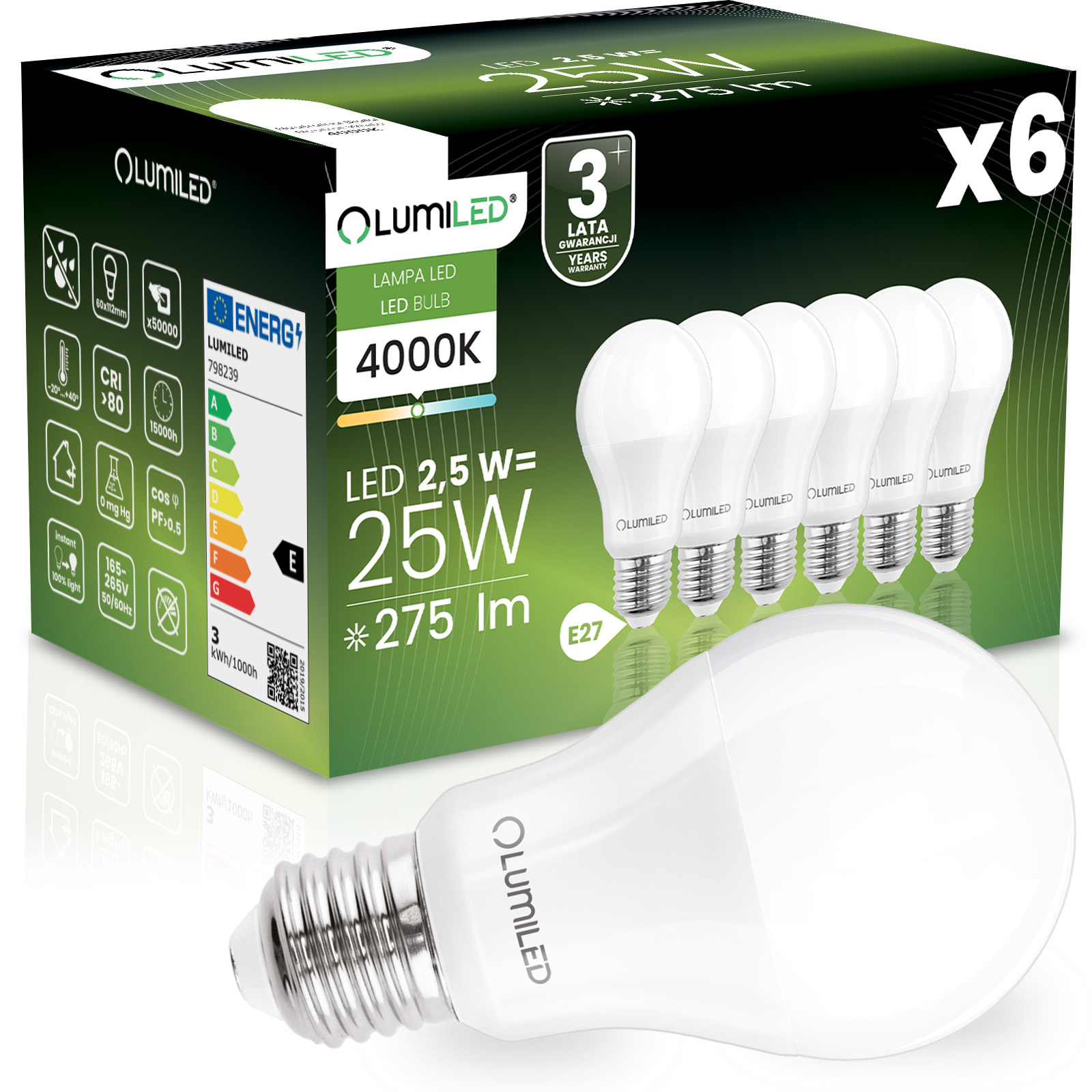 6x Żarówka LED E27 A60 2,5W = 25W 275lm 4000K Neutralna 260° LUMILED - główne zdjęcie produktu