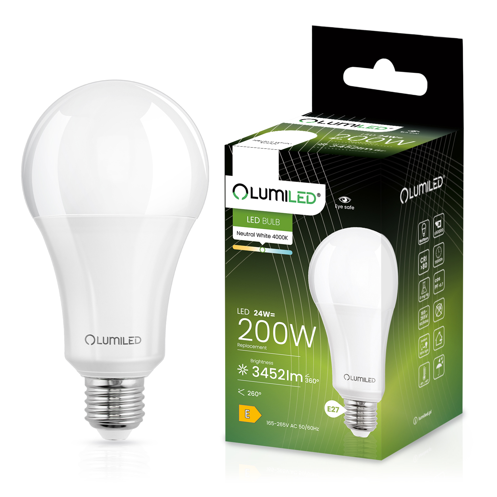 Żarówka LED E27 A60 24W = 200W 3452lm 4000K Neutralna 260° LUMILED - główne zdjęcie produktu