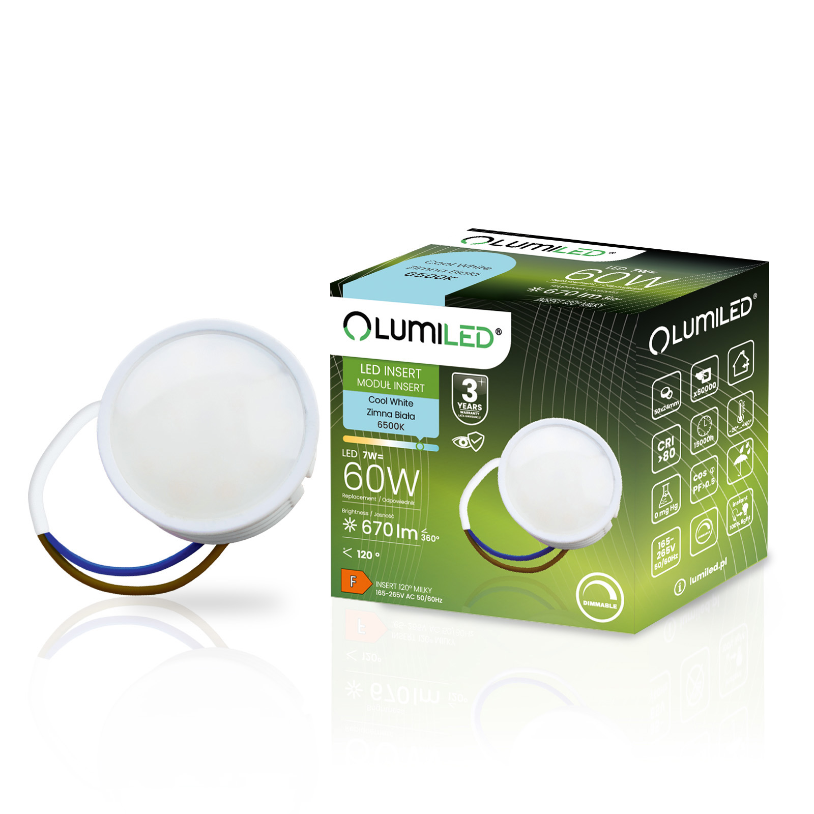 Wkład do Opraw LED Żarówka Moduł INSERT Reflektor 7W = 60W 670lm 6500K Zimna 120° Ściemnialna LUMILED - główne zdjęcie produktu