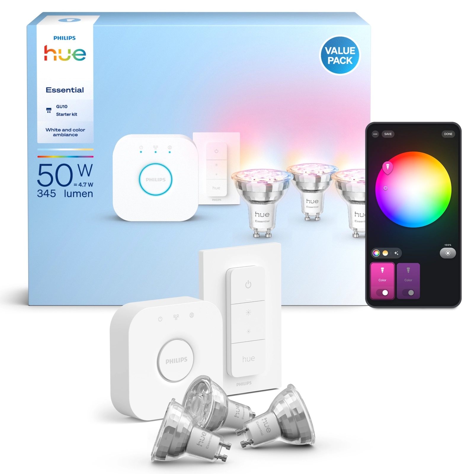 3x Żarówka LED GU10 Reflektor PAR16 4,7W = 50W 345lm 2200-6500K CCT + RGB SMART Inteligentna Bluetooth ZigBee White and Color Ambiance + Mostek Bridge + Regulator Pilot Philips HUE Essential - główne zdjęcie produktu