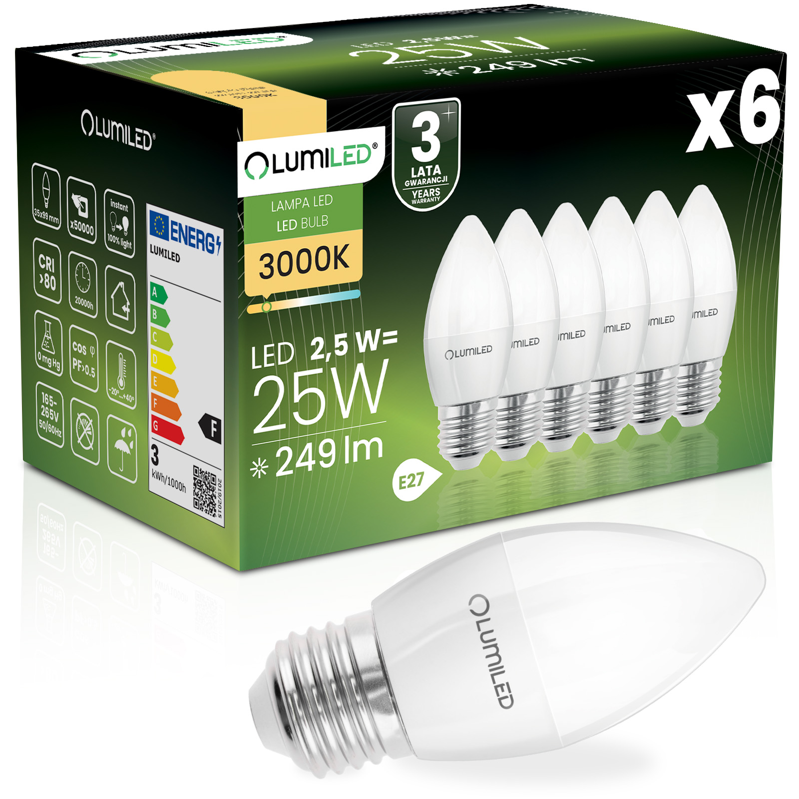 6x Żarówka LED E27 Świeczka B35 2,5W = 25W 249lm 3000K Ciepła 180° LUMILED - główne zdjęcie produktu