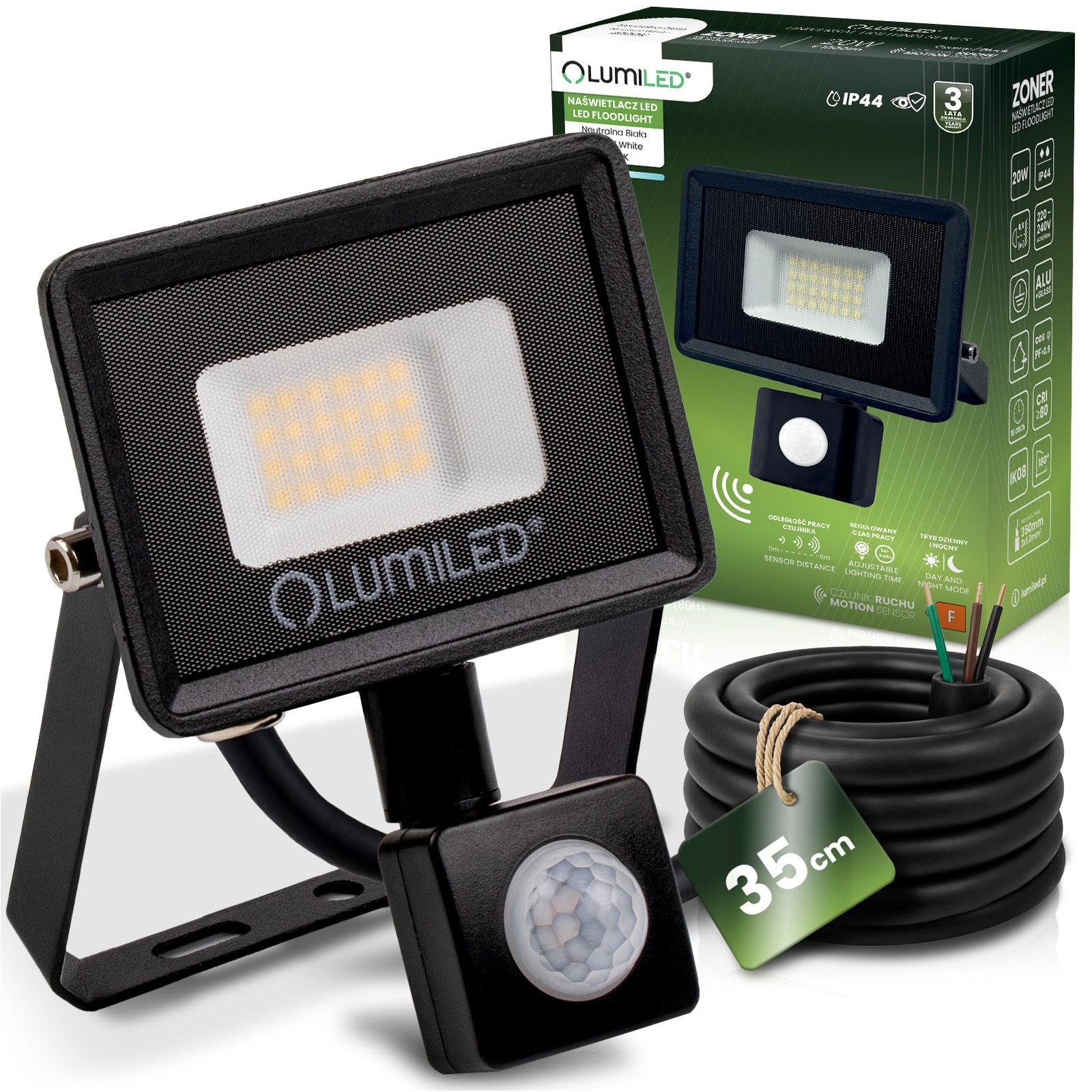 Naświetlacz LED ZONER 20W 1800LM 4000K IP44 Czarny Czujnik Ruchu LUMILED - główne zdjęcie produktu