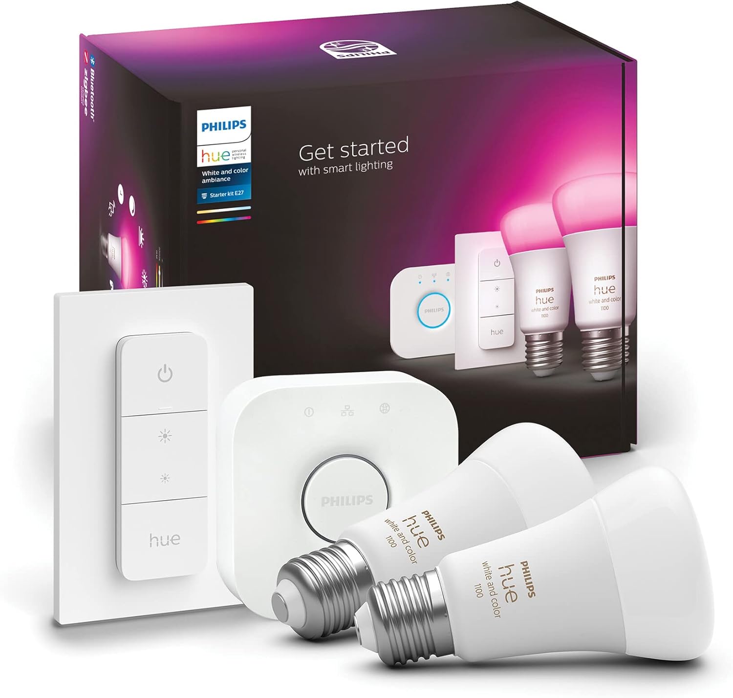 2x Żarówka LED E27 A60 11W = 75W 1055lm 2000-6500K CCT + RGB SMART Inteligentna Bluetooth ZigBee White and Color Ambiance + Mostek Bridge + Regulator PILOT Zestaw Startowy Philips HUE - główne zdjęcie produktu