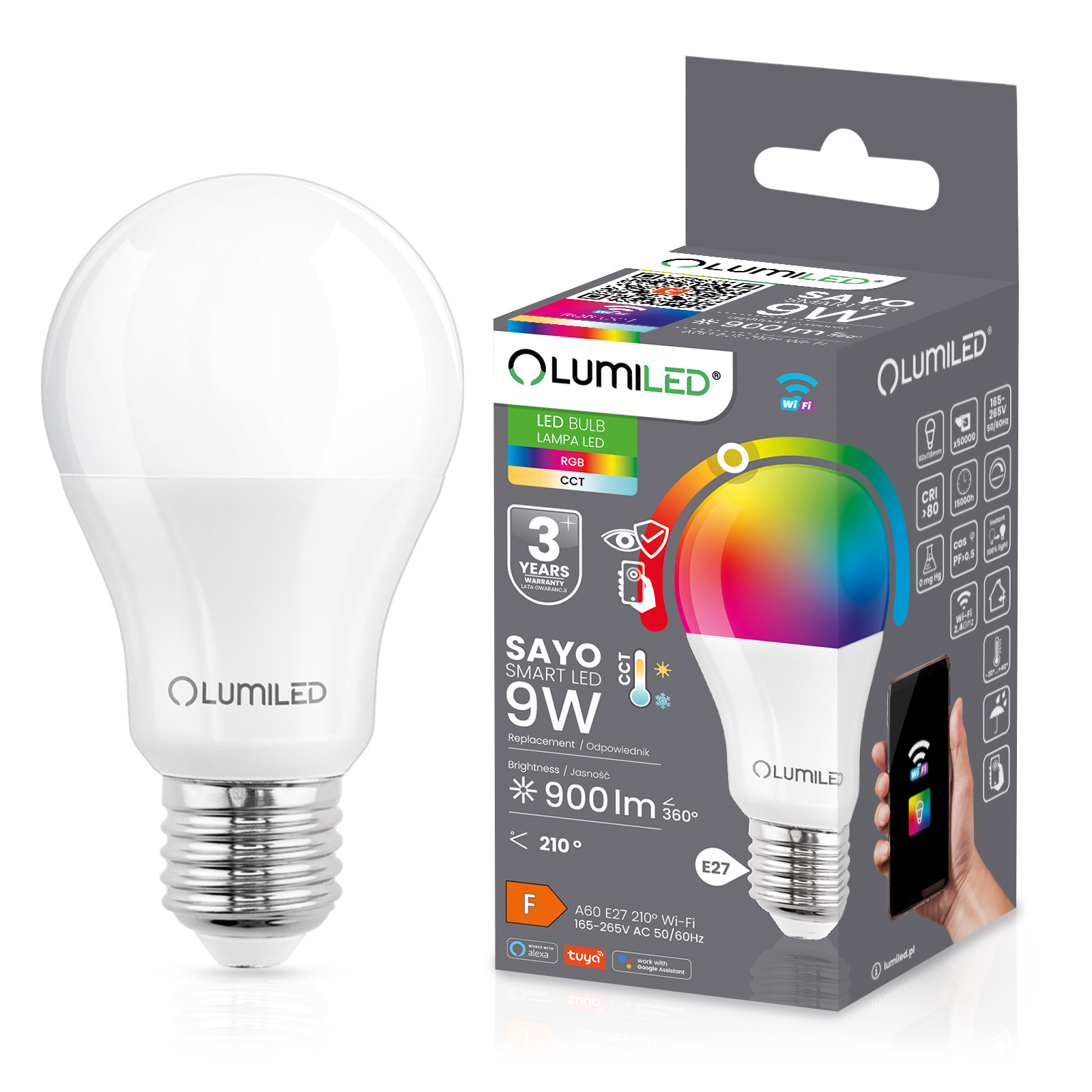 Żarówka LED E27 A60 9W = 60W 900lm RGB CCT Ściemnialna Inteligentna TUYA WiFi SMART SAYO LUMILED - główne zdjęcie produktu