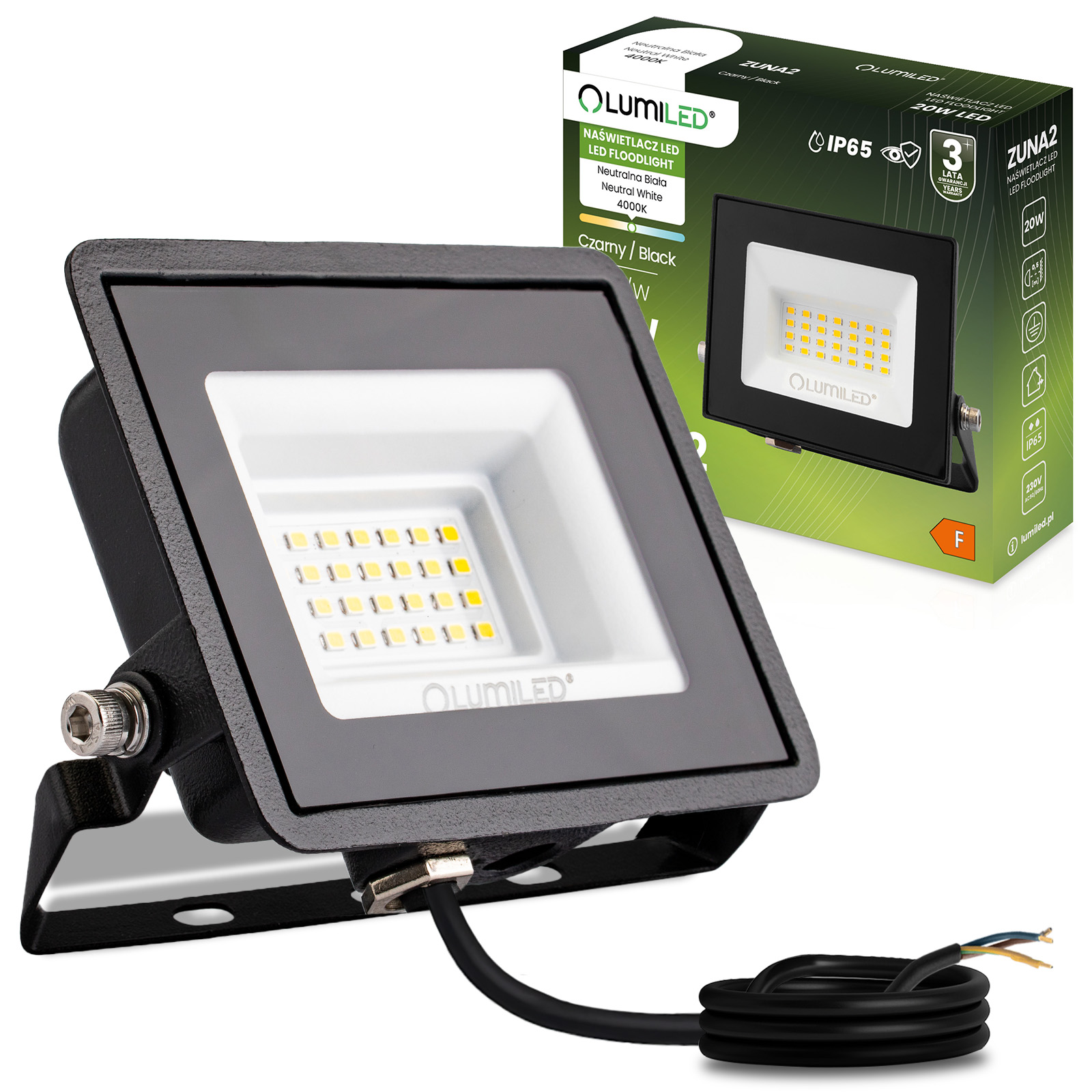 Naświetlacz LED ZUNA2 20W 1800lm 4000K IP65 Czarny LUMILED - główne zdjęcie produktu