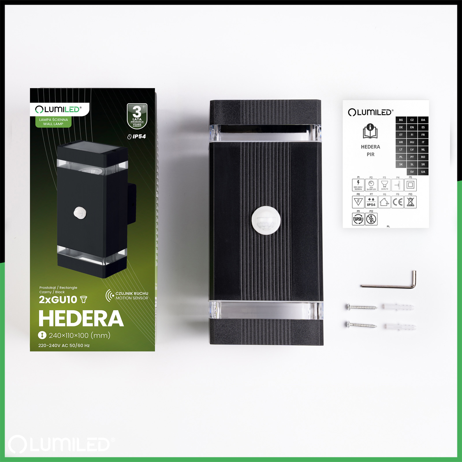 Lampa Ogrodowa Kinkiet Elewacyjny góra dół 2x GU10 Czarny Czujnik Ruchu i Zmierzchu IP54 HEDERA LUMILED - skład produktu