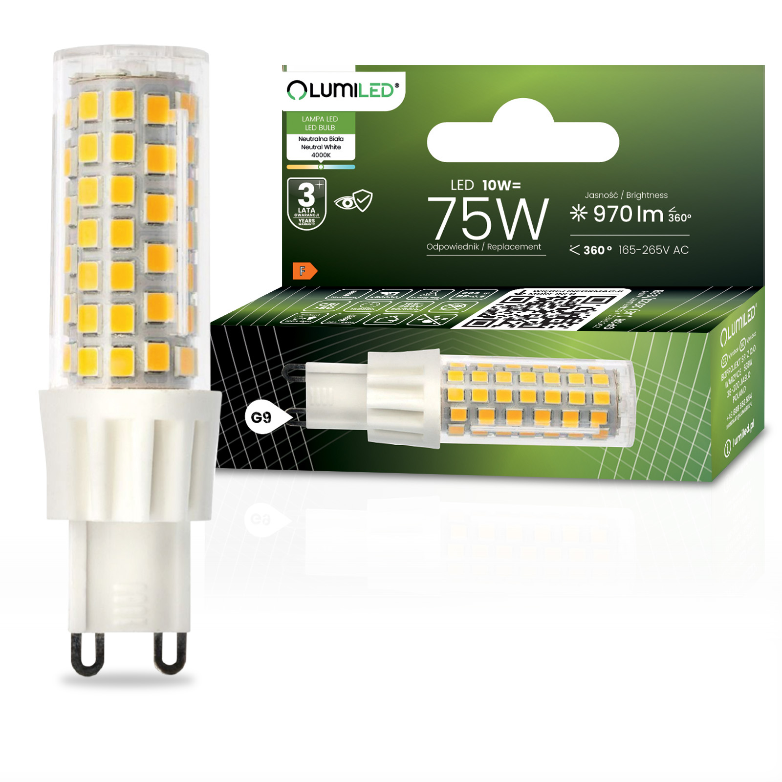 Żarówka LED G9 Kapsułka 10W = 75W 970lm 4000K Neutralna 360° LUMILED - główne zdjęcie produktu