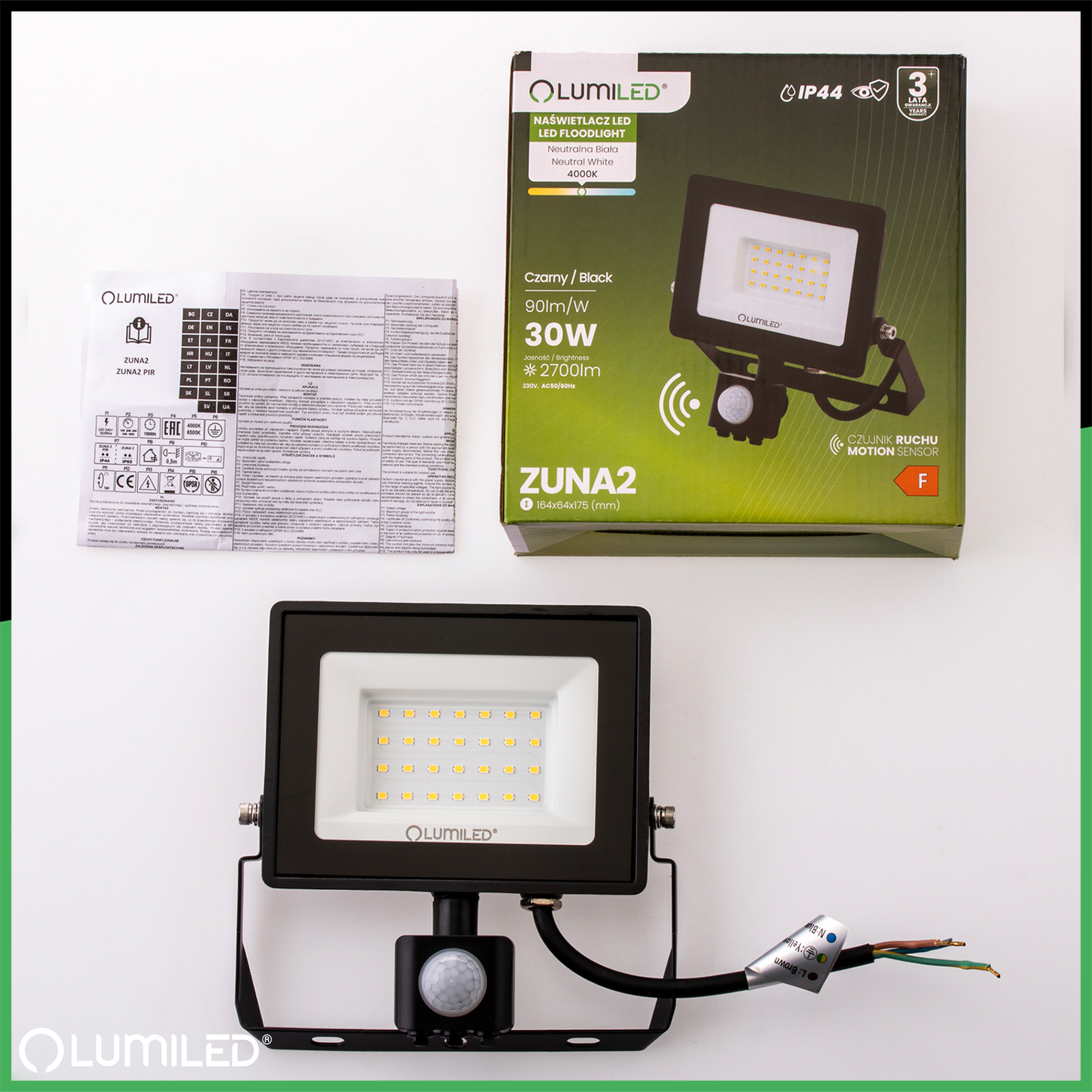 Naświetlacz LED ZUNA2 30W 2700lm 4000K IP44 Czarny Czujnik Ruchu LUMILED - skład produktu