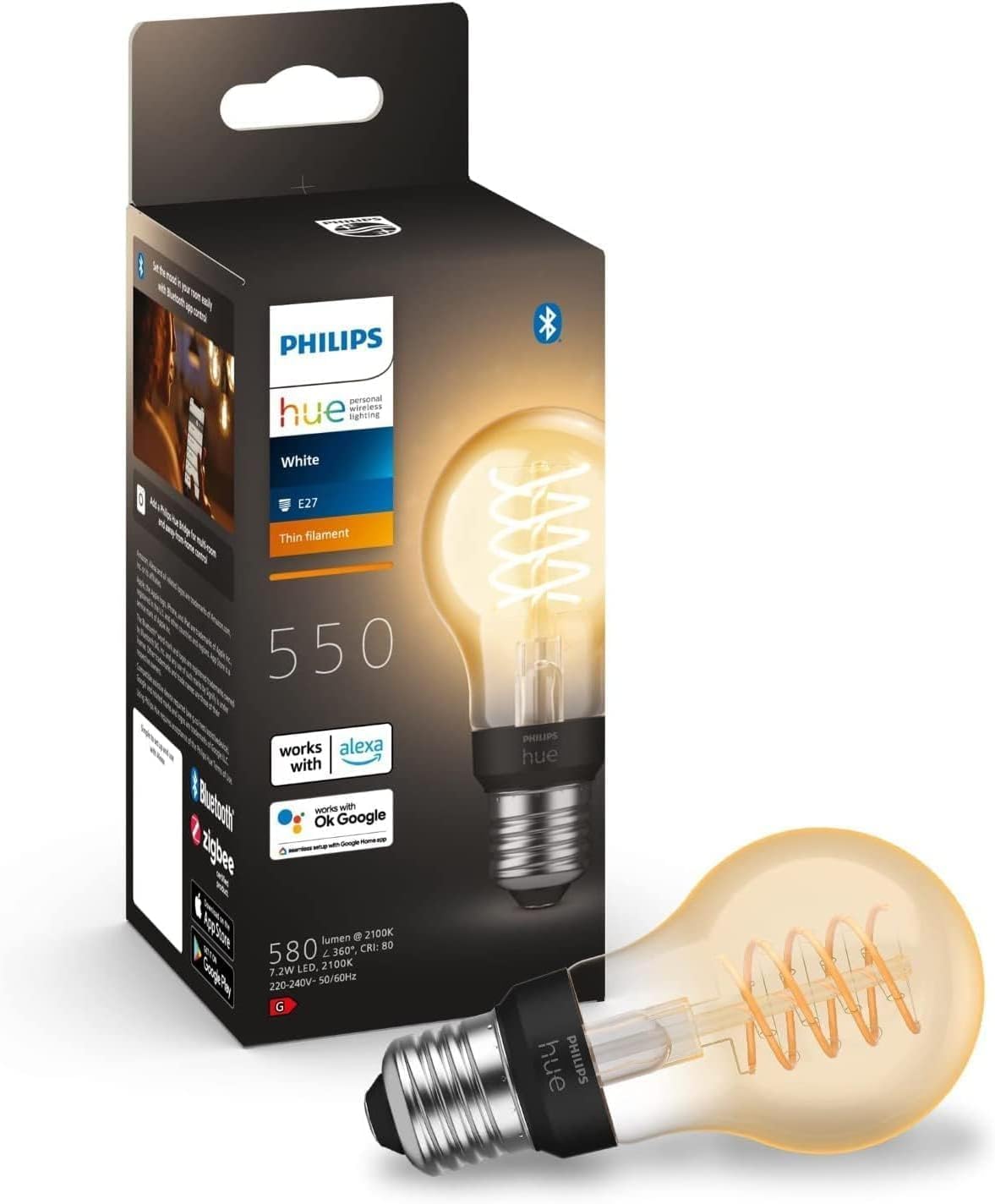 Żarówka LED E27 A60 7.2W = 40W 550lm 2100K Biała Ciepła FILAMENT SMART Inteligentna Bluetooth ZigBee White Philips HUE - główne zdjęcie produktu
