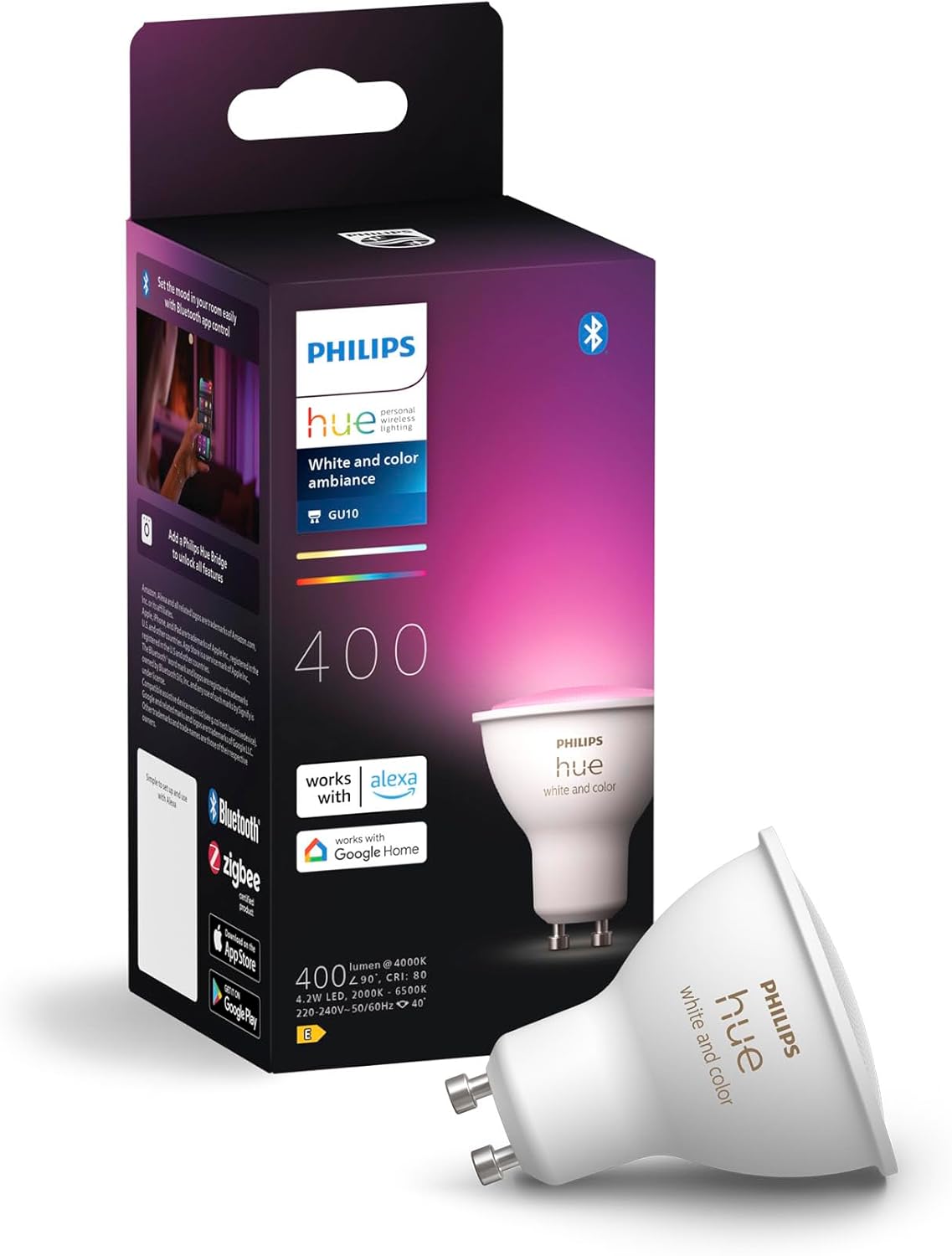 Żarówka LED GU10 Reflektor 4.2W = 50W 400lm 2000-6500K CCT + RGB SMART Inteligentna Bluetooth ZigBee White and Color Ambiance Philips HUE - główne zdjęcie produktu