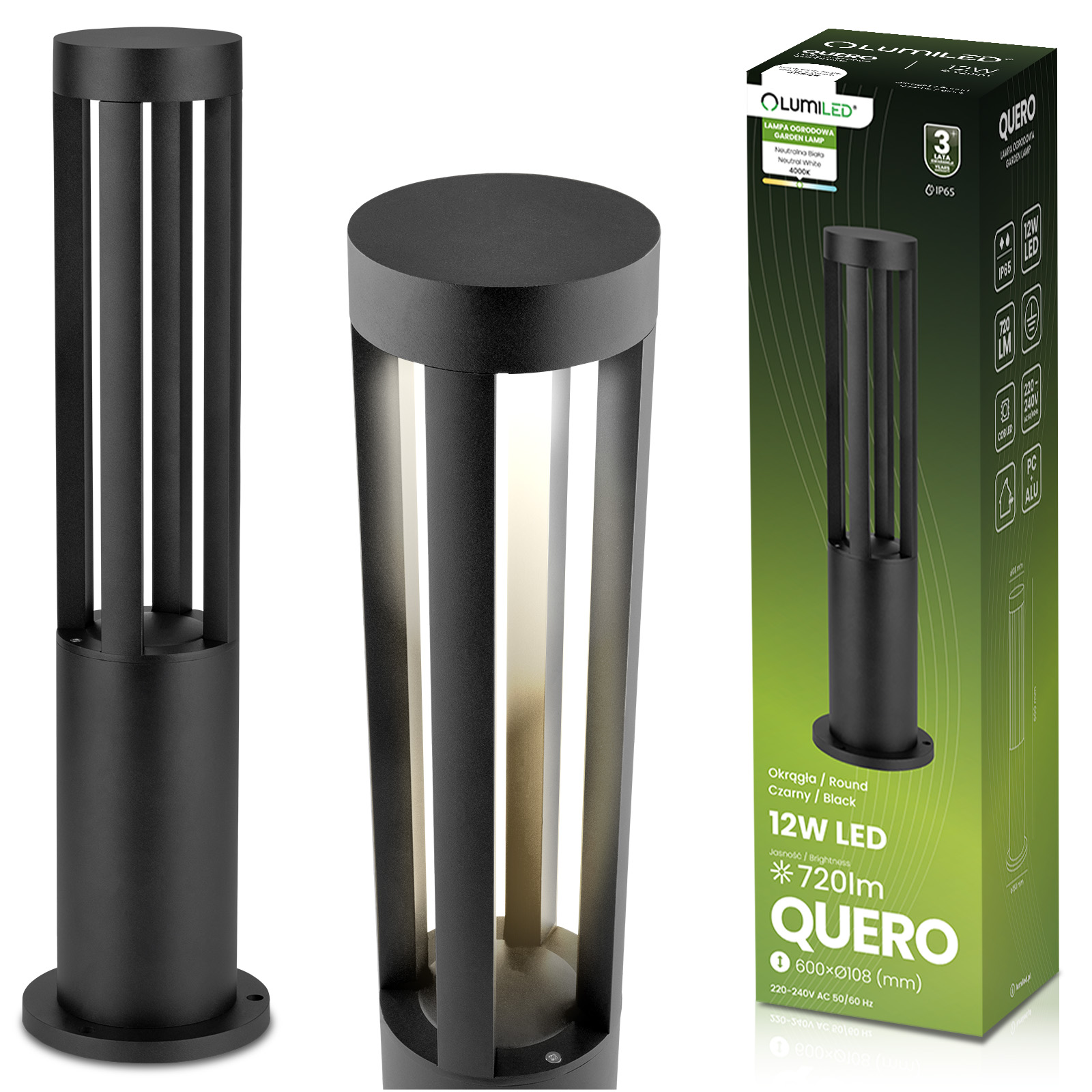 Lampa Ogrodowa Słupek Zewnętrzny Stojący 12W LED 4000K QUERO 60cm LUMILED - główne zdjęcie produktu