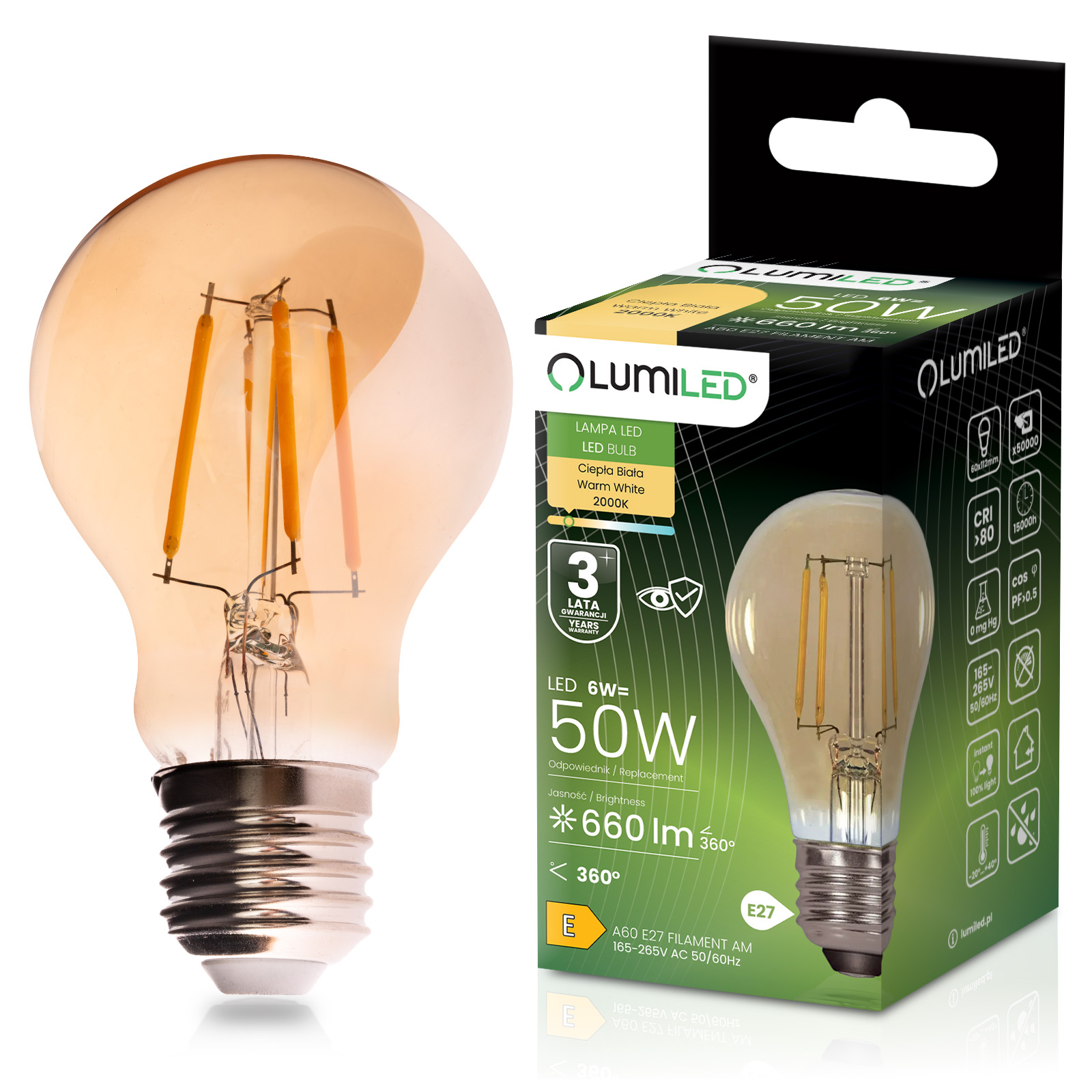 Żarówka LED E27 A60 6W 660LM = 50W 2000K Ciepła 360° Filament Amber LUMILED - główne zdjęcie produktu