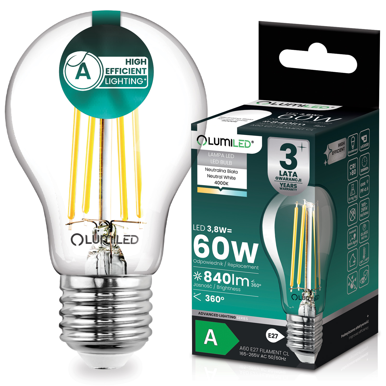 Żarówka LED E27 A60 3,8W 840lm = 60W 4000K Neutralna 360° Filament KLASA A LUMILED - główne zdjęcie produktu