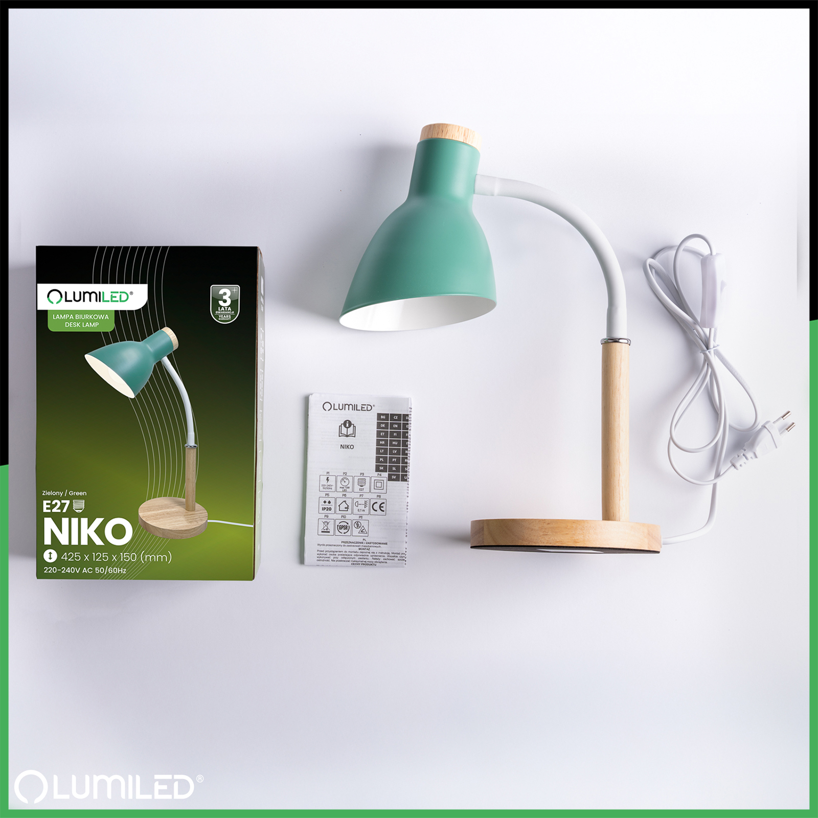Lampka Biurkowa Szkolna Kreślarska Stołowa Dekoracyjna E27 NIKO Zielona Lumiled - skład produktu